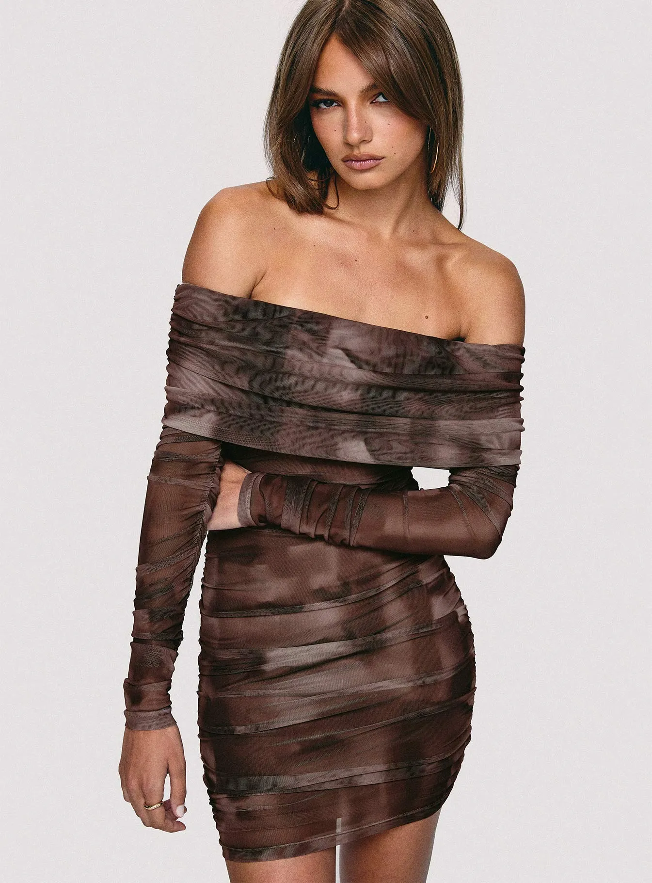 Raquella Long Sleeve Mini Dress Brown
