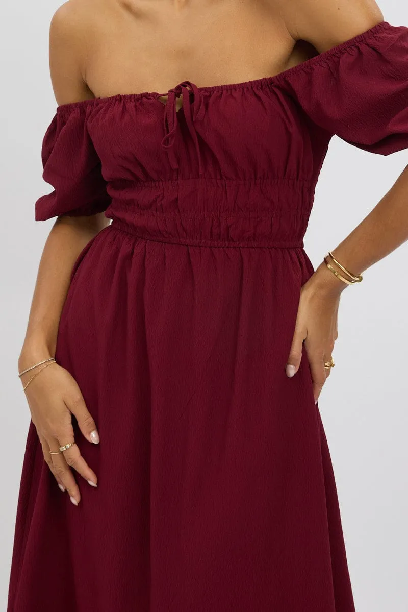 Red Midi Dress Short Sleeve Ruched Bust