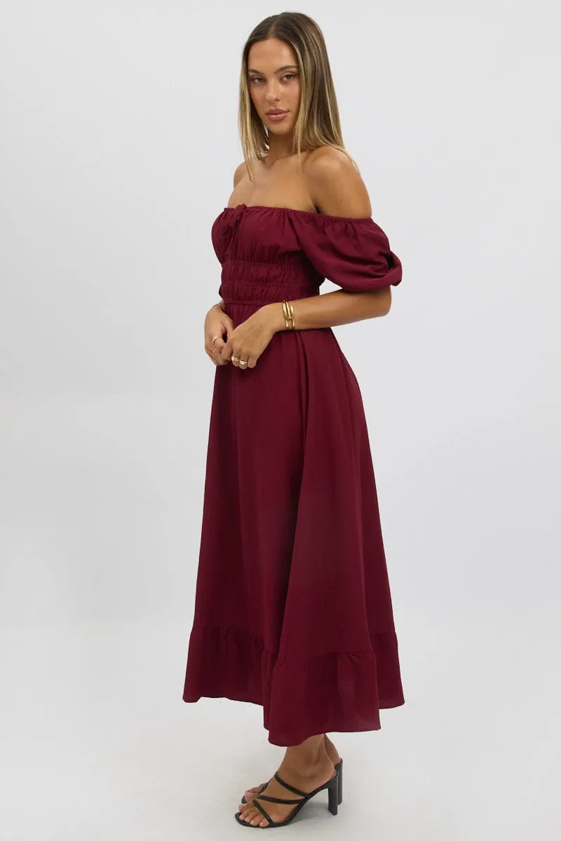 Red Midi Dress Short Sleeve Ruched Bust