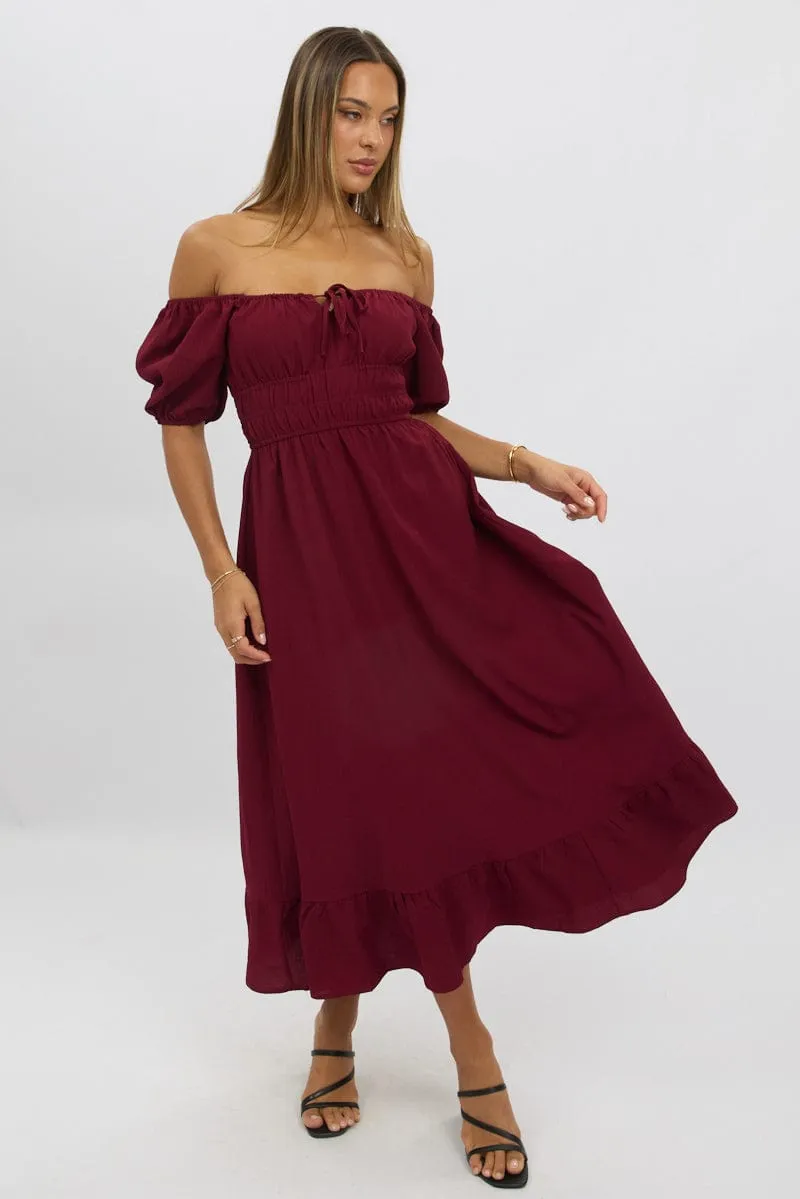Red Midi Dress Short Sleeve Ruched Bust