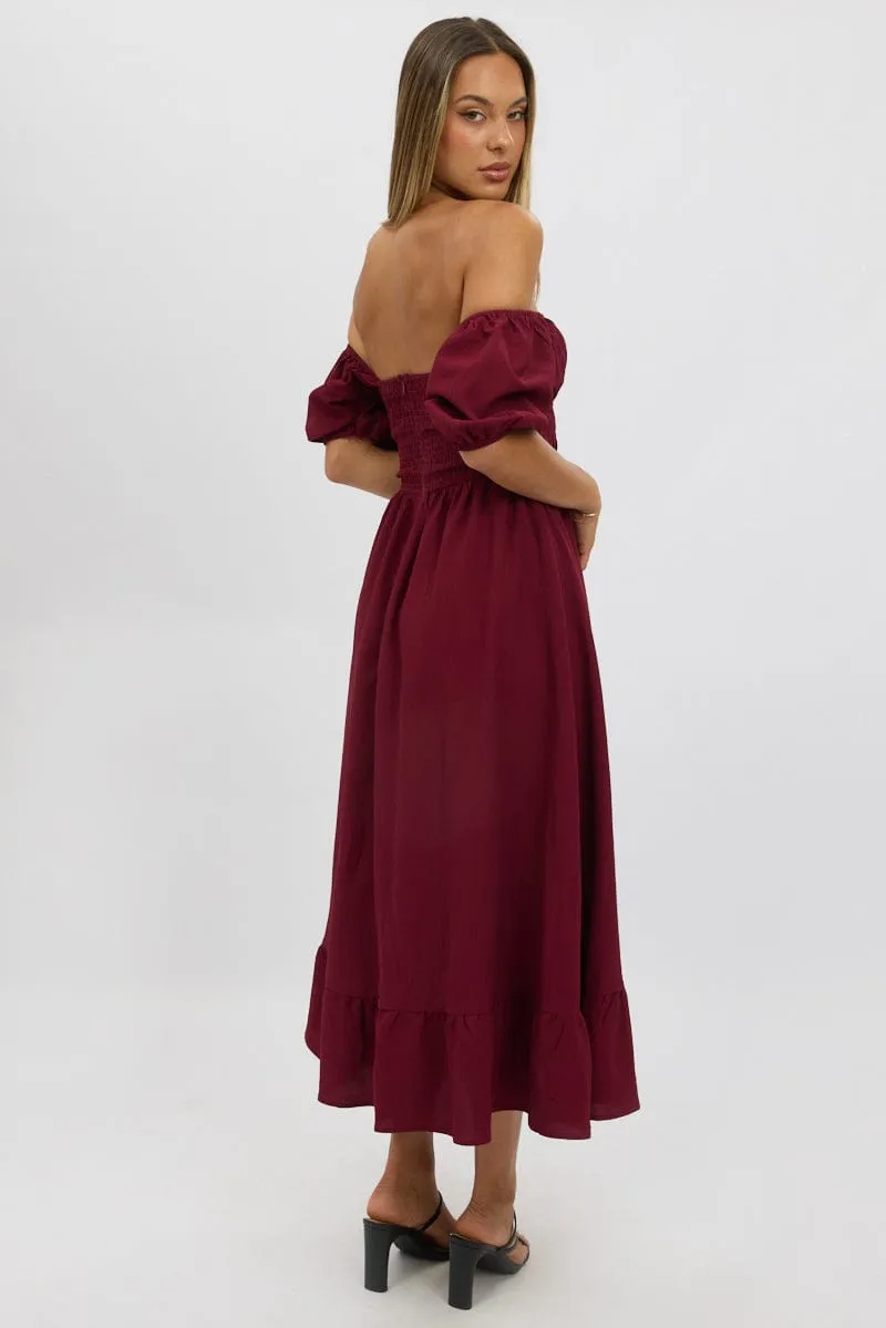 Red Midi Dress Short Sleeve Ruched Bust