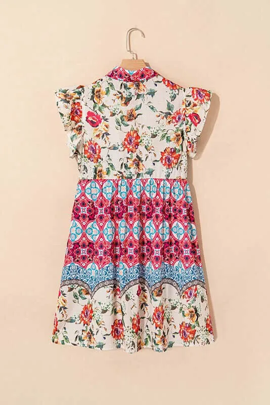 Rose Boho Floral Ruffle Mini Dress