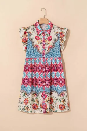 Rose Boho Floral Ruffle Mini Dress