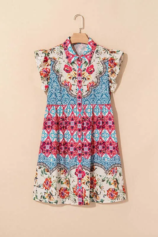 Rose Boho Floral Ruffle Mini Dress
