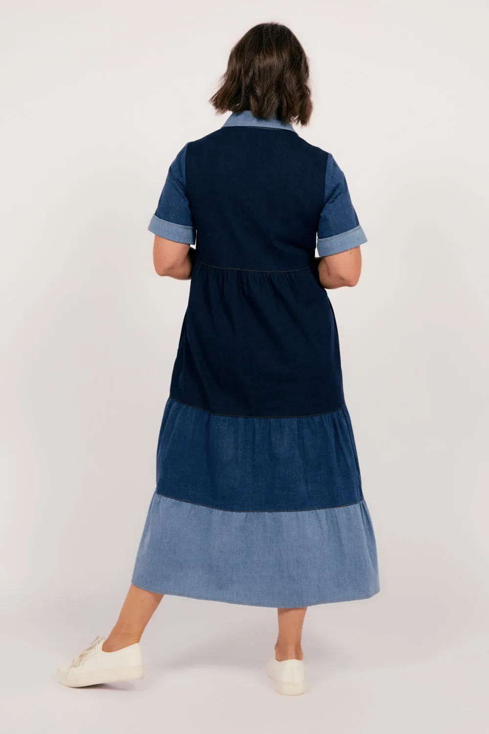 Sabre Denim Collared Dress in Patchwork