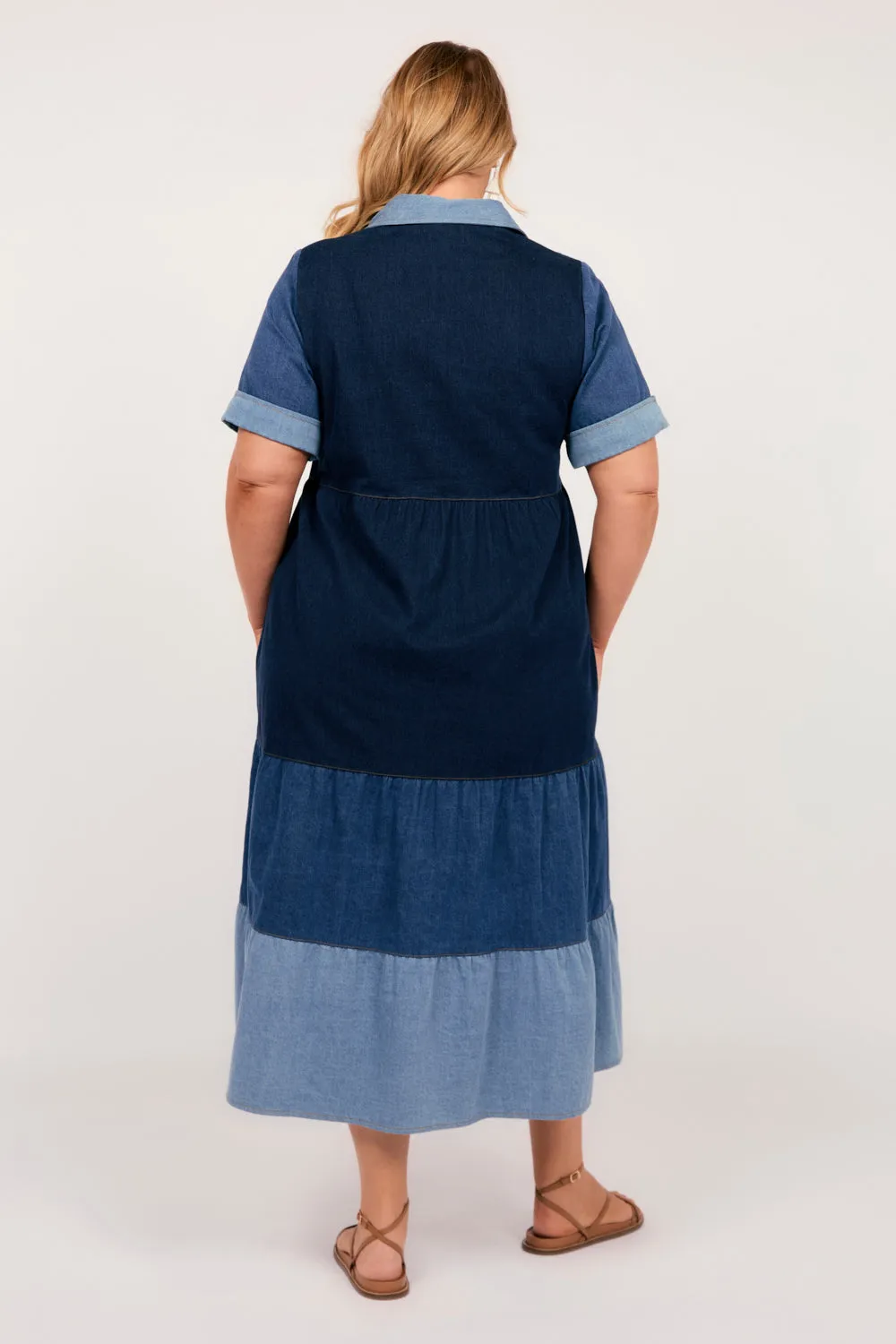 Sabre Denim Collared Dress in Patchwork