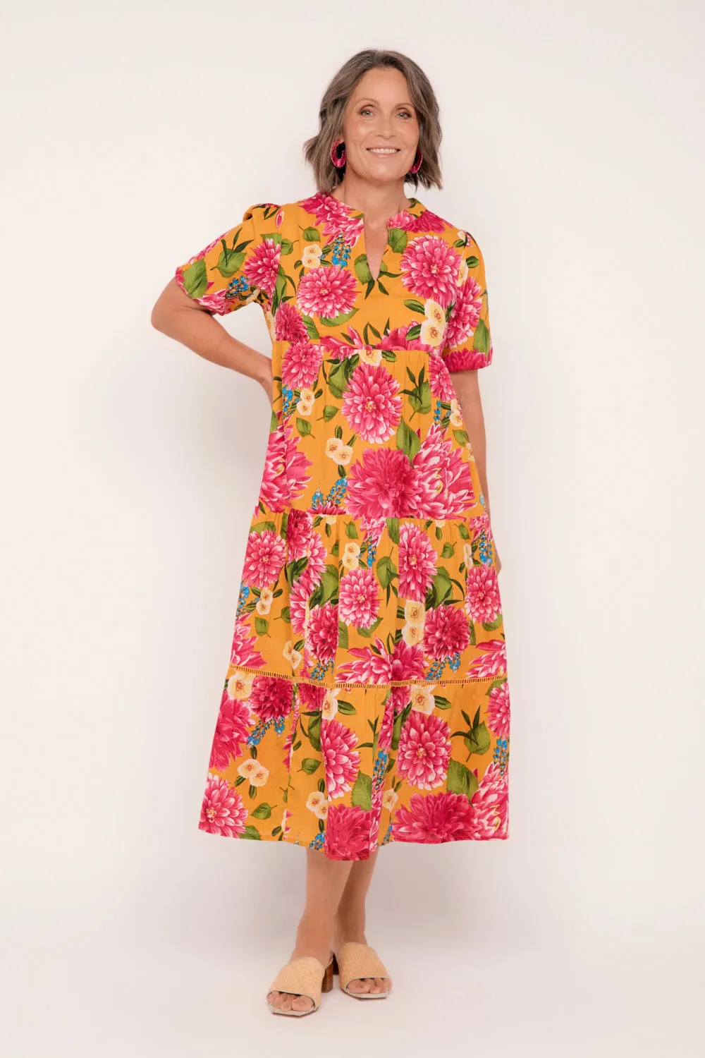 Sabre V-Neck Dress in Dreaming Dahlias