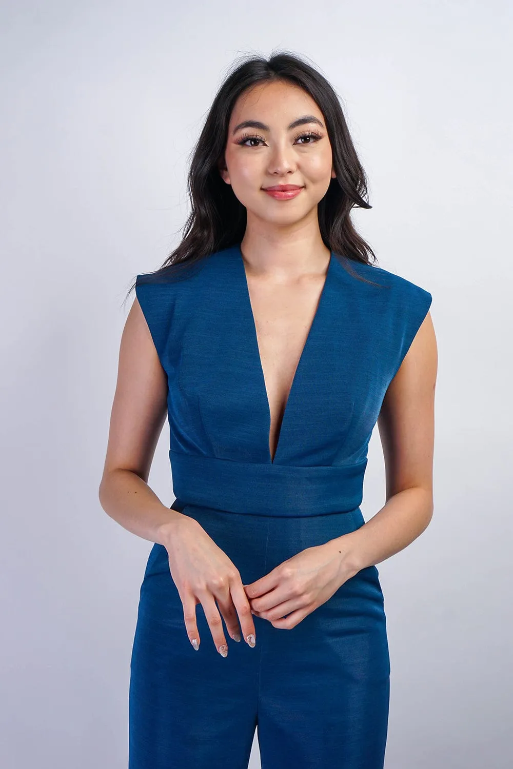 Sapphire Blue Luxe V Neck Aiden Jumpsuit