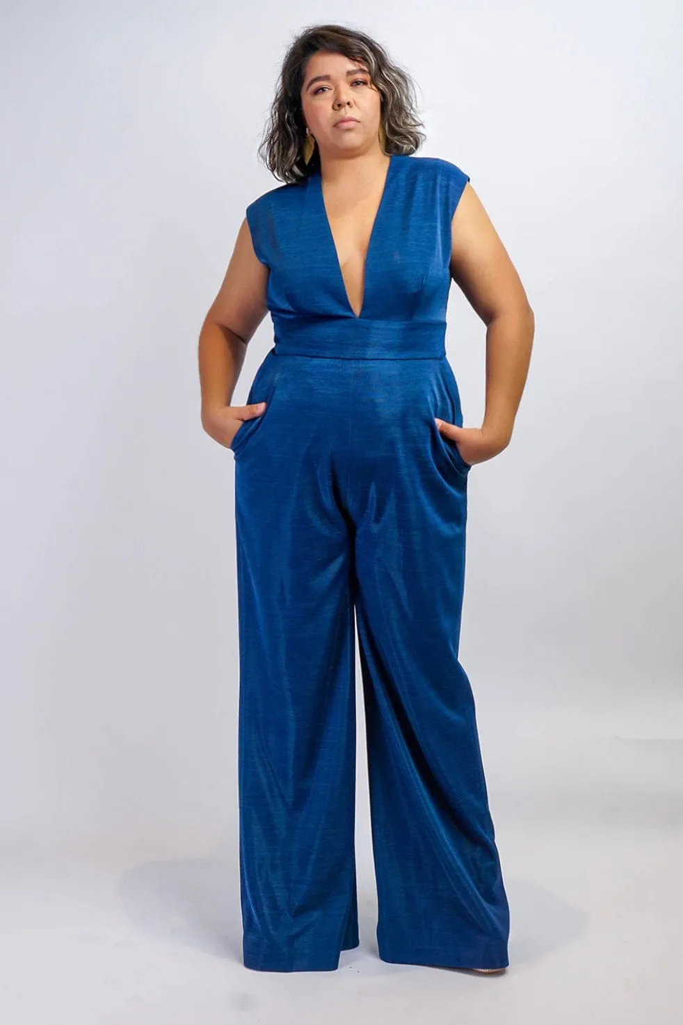 Sapphire Blue Luxe V Neck Aiden Jumpsuit