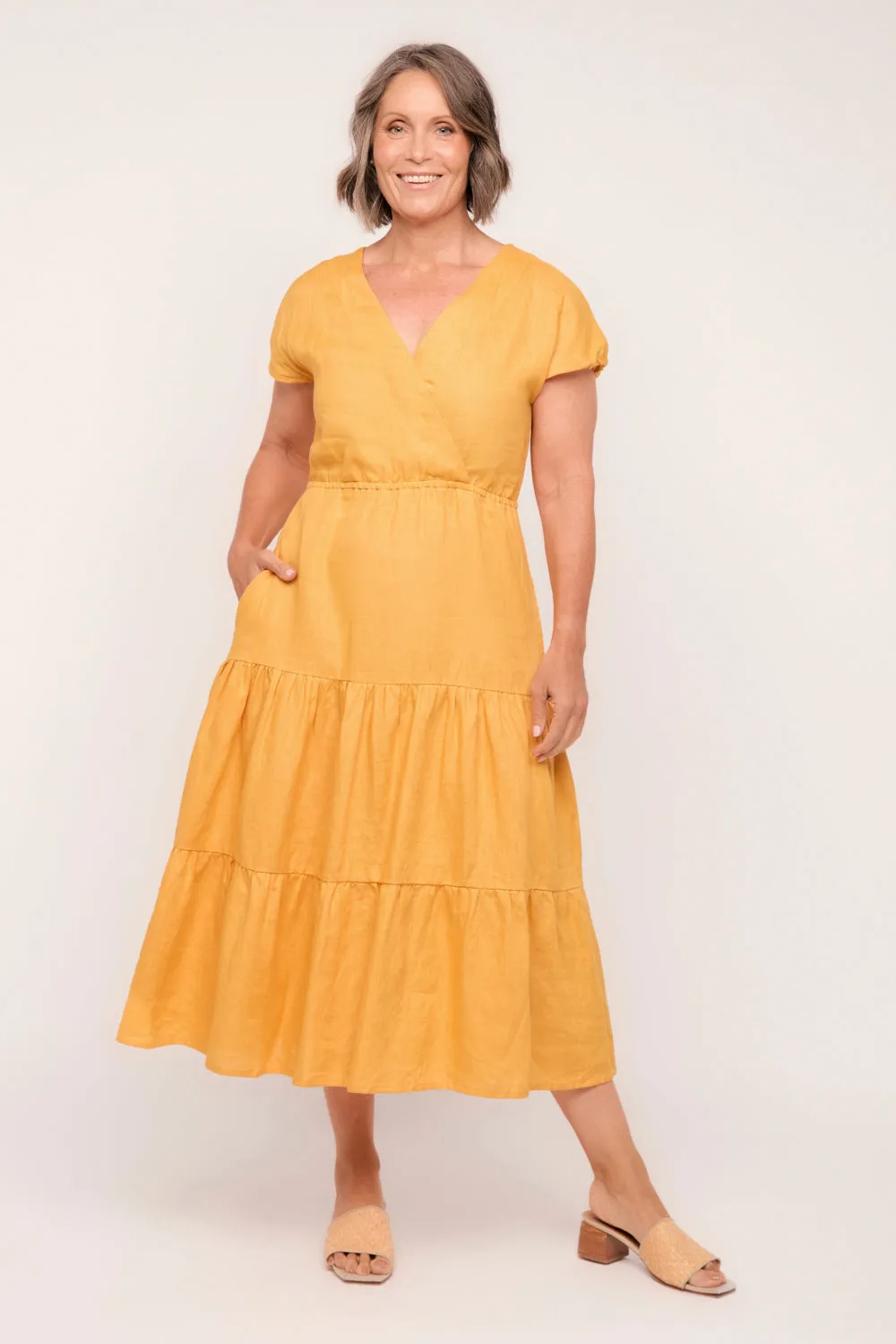 Shari Linen V-Neck Dress in Golden Hour