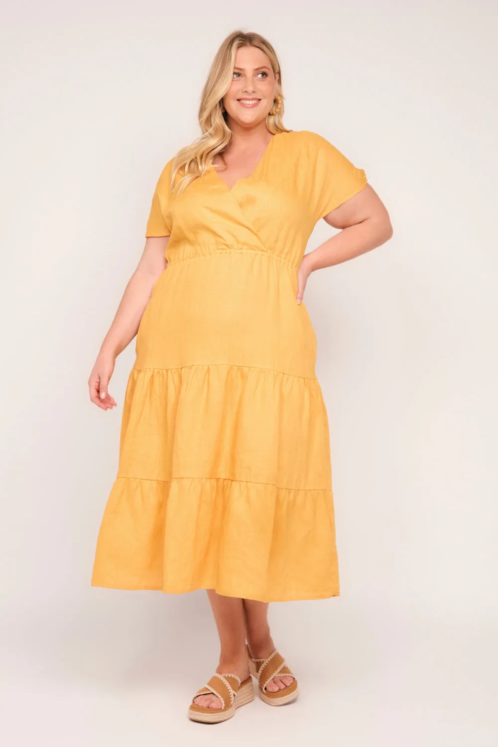 Shari Linen V-Neck Dress in Golden Hour
