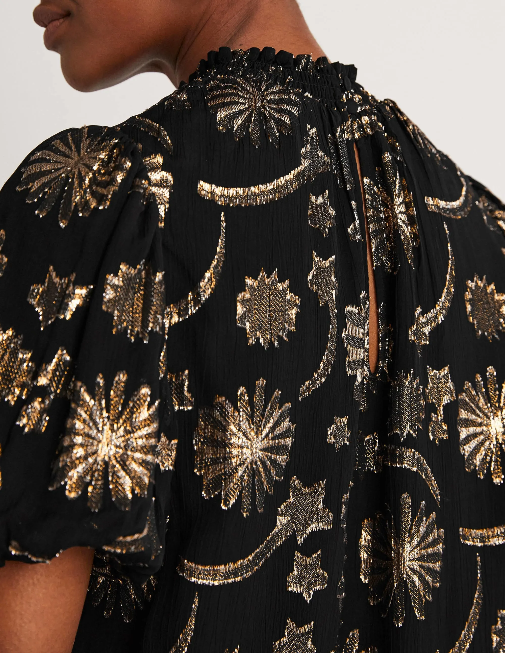 Smocked Neck Party Top-Clip Jacquard