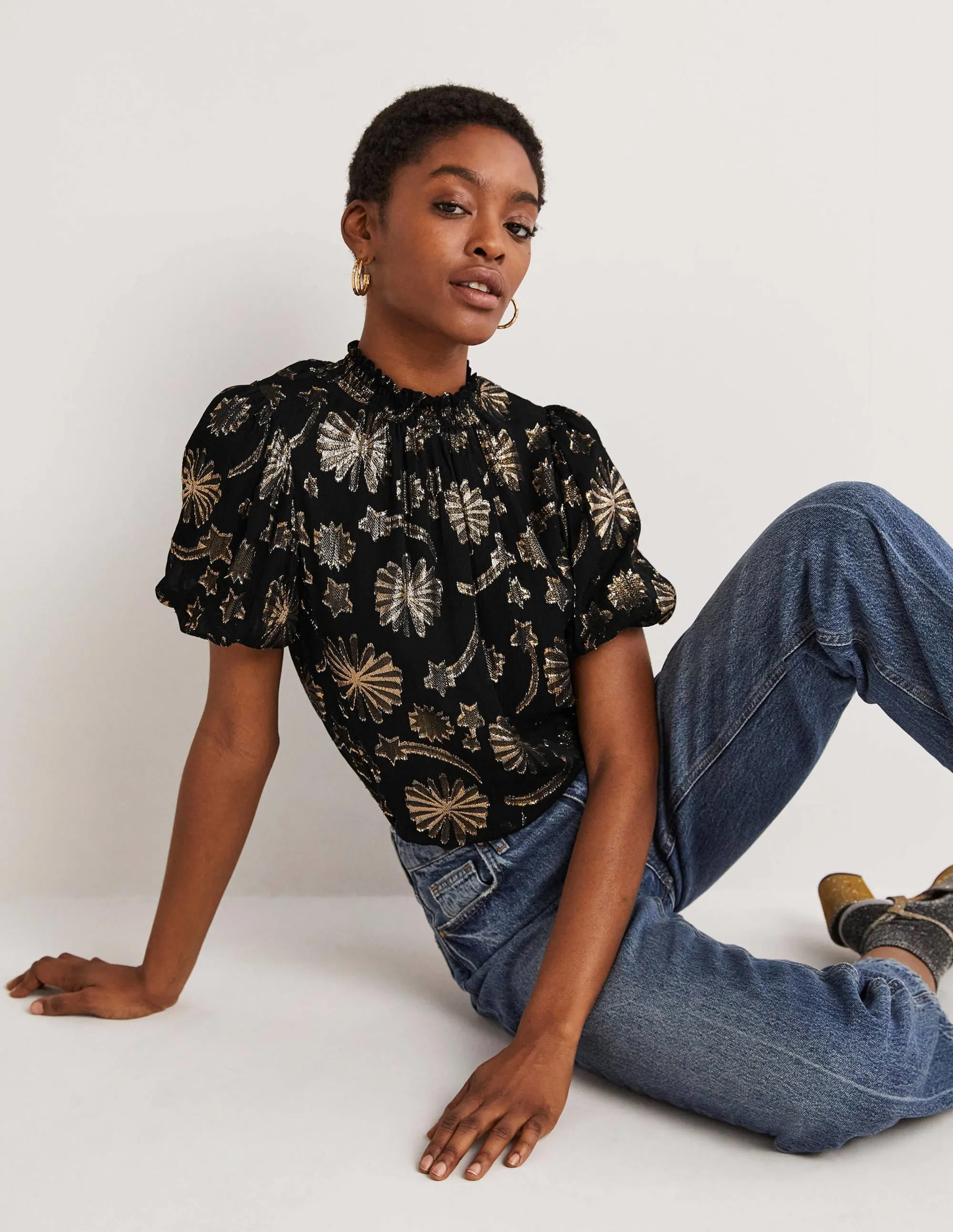 Smocked Neck Party Top-Clip Jacquard