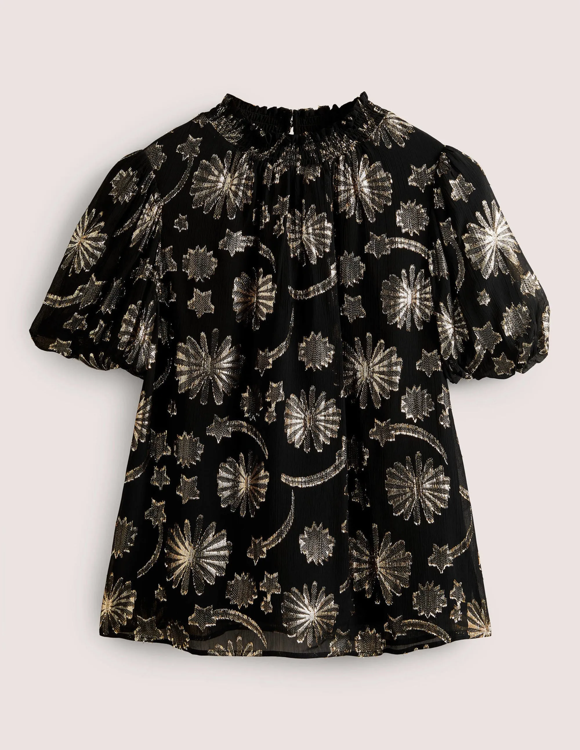 Smocked Neck Party Top-Clip Jacquard