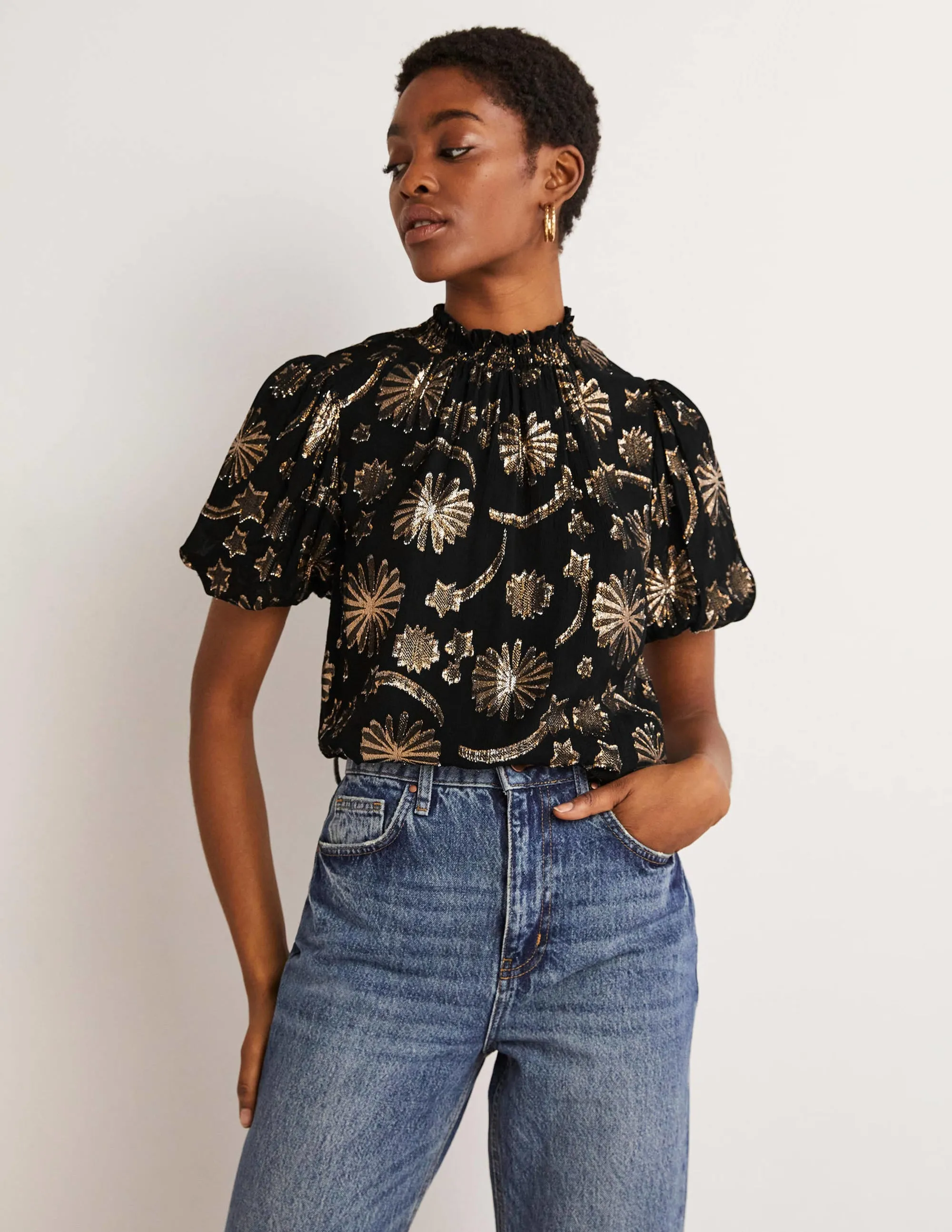 Smocked Neck Party Top-Clip Jacquard