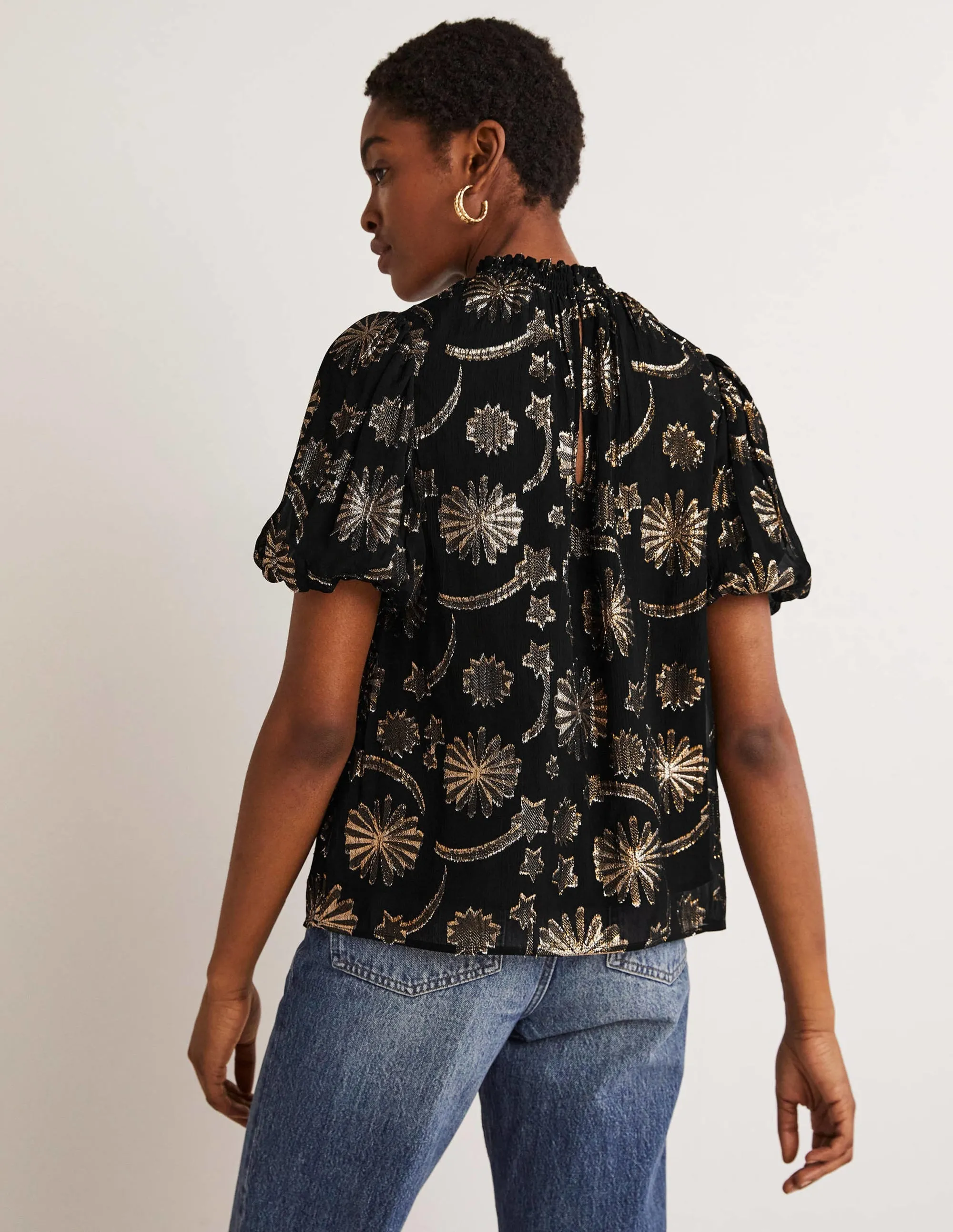 Smocked Neck Party Top-Clip Jacquard