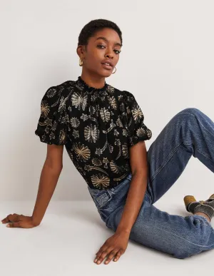 Smocked Neck Party Top-Clip Jacquard