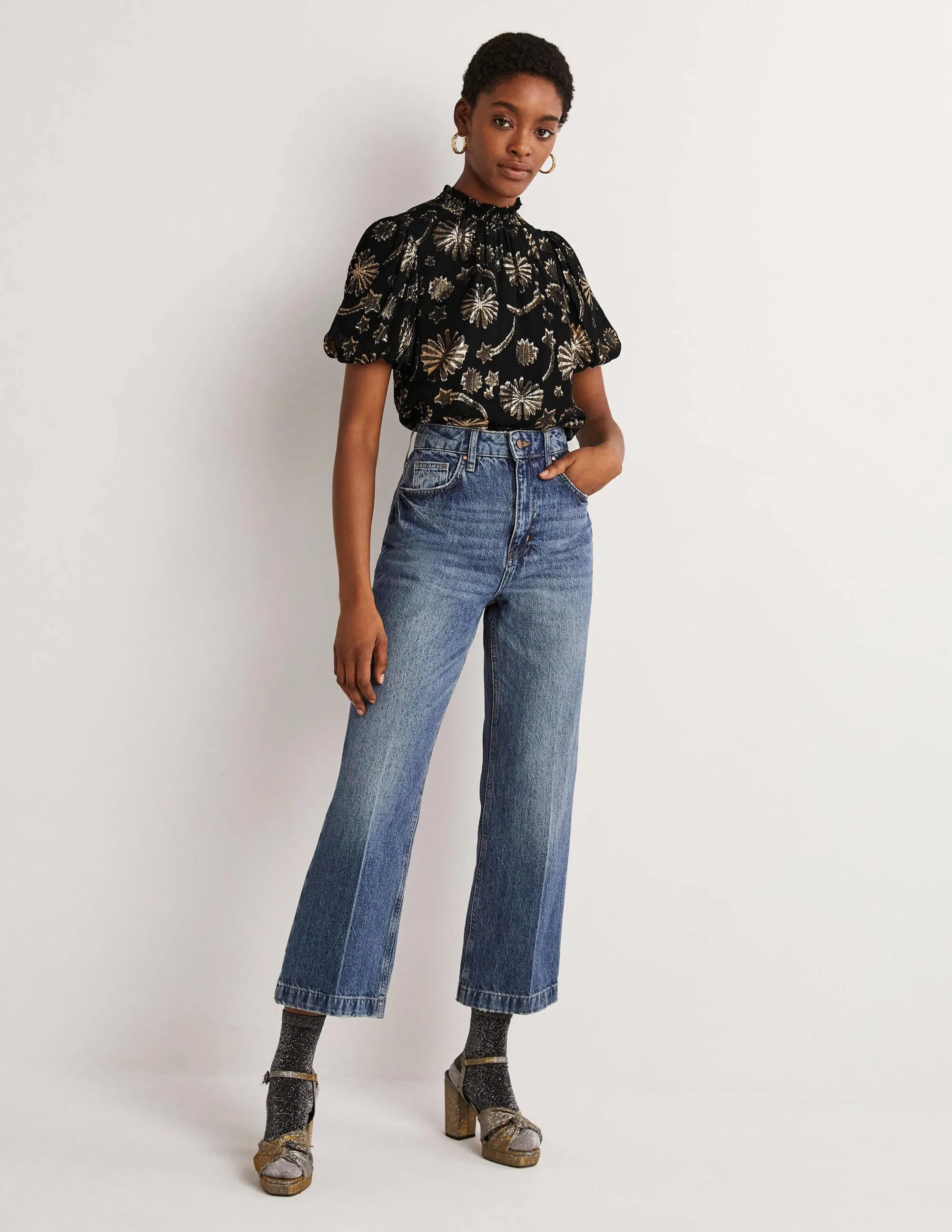 Smocked Neck Party Top-Clip Jacquard