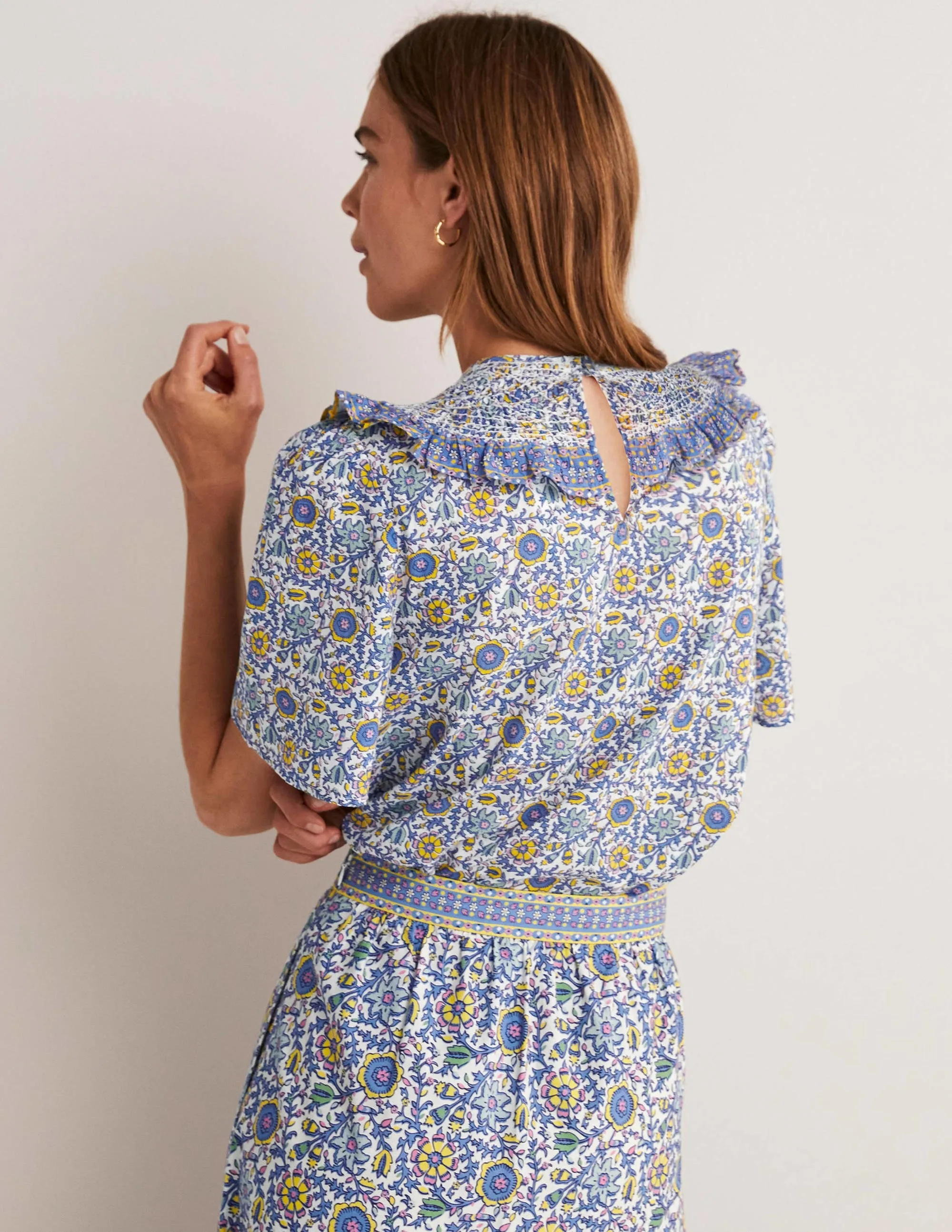 Smocked Neck Printed Top-Ivory. Enchanting Twig