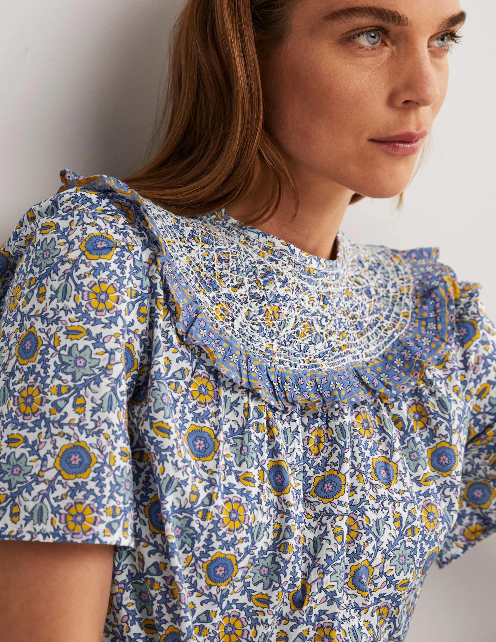 Smocked Neck Printed Top-Ivory. Enchanting Twig