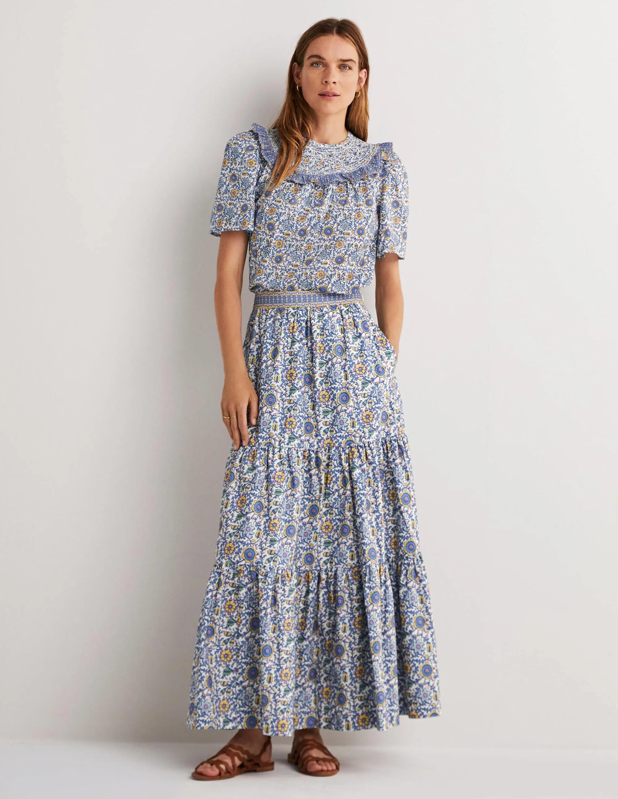 Smocked Neck Printed Top-Ivory. Enchanting Twig
