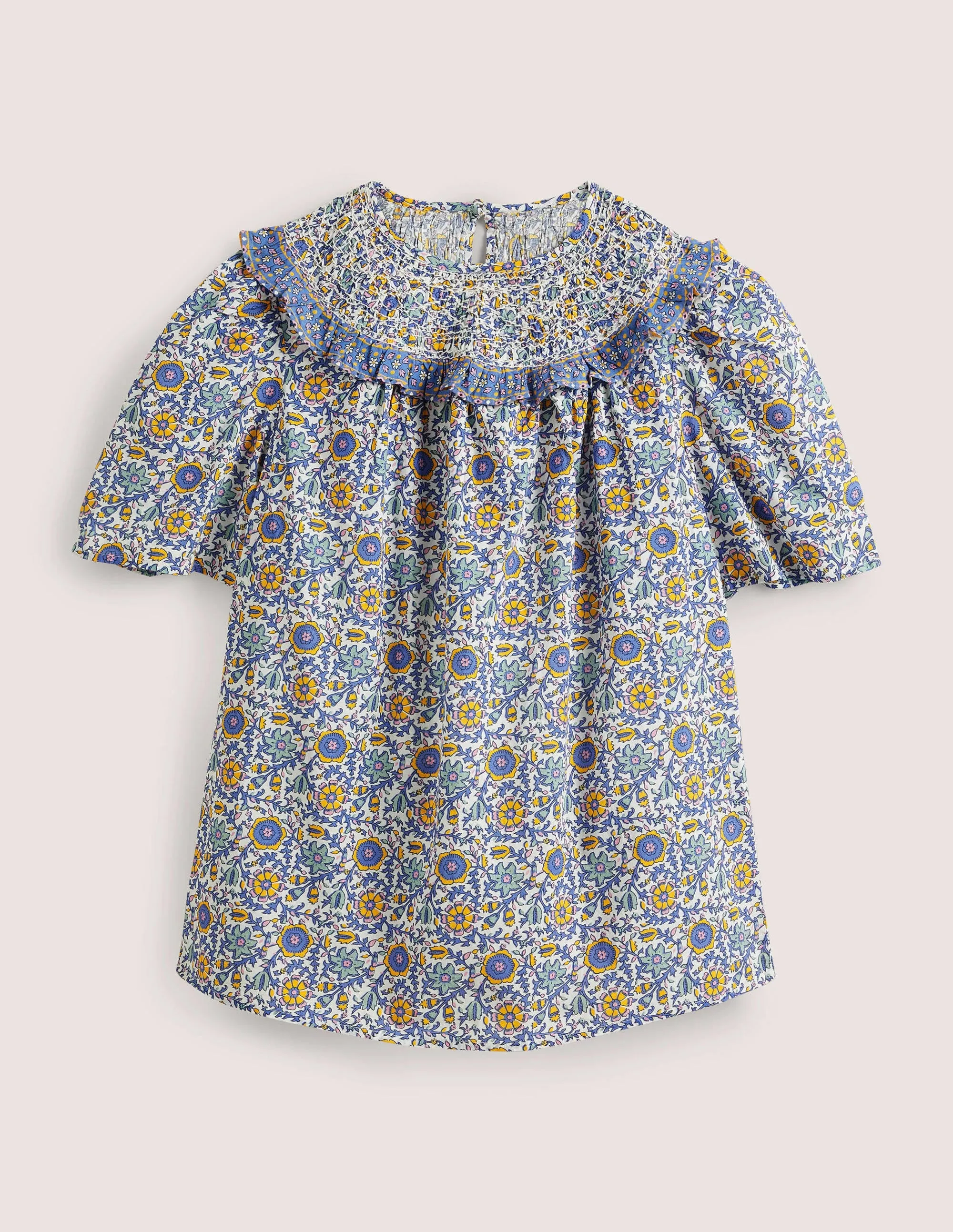 Smocked Neck Printed Top-Ivory. Enchanting Twig