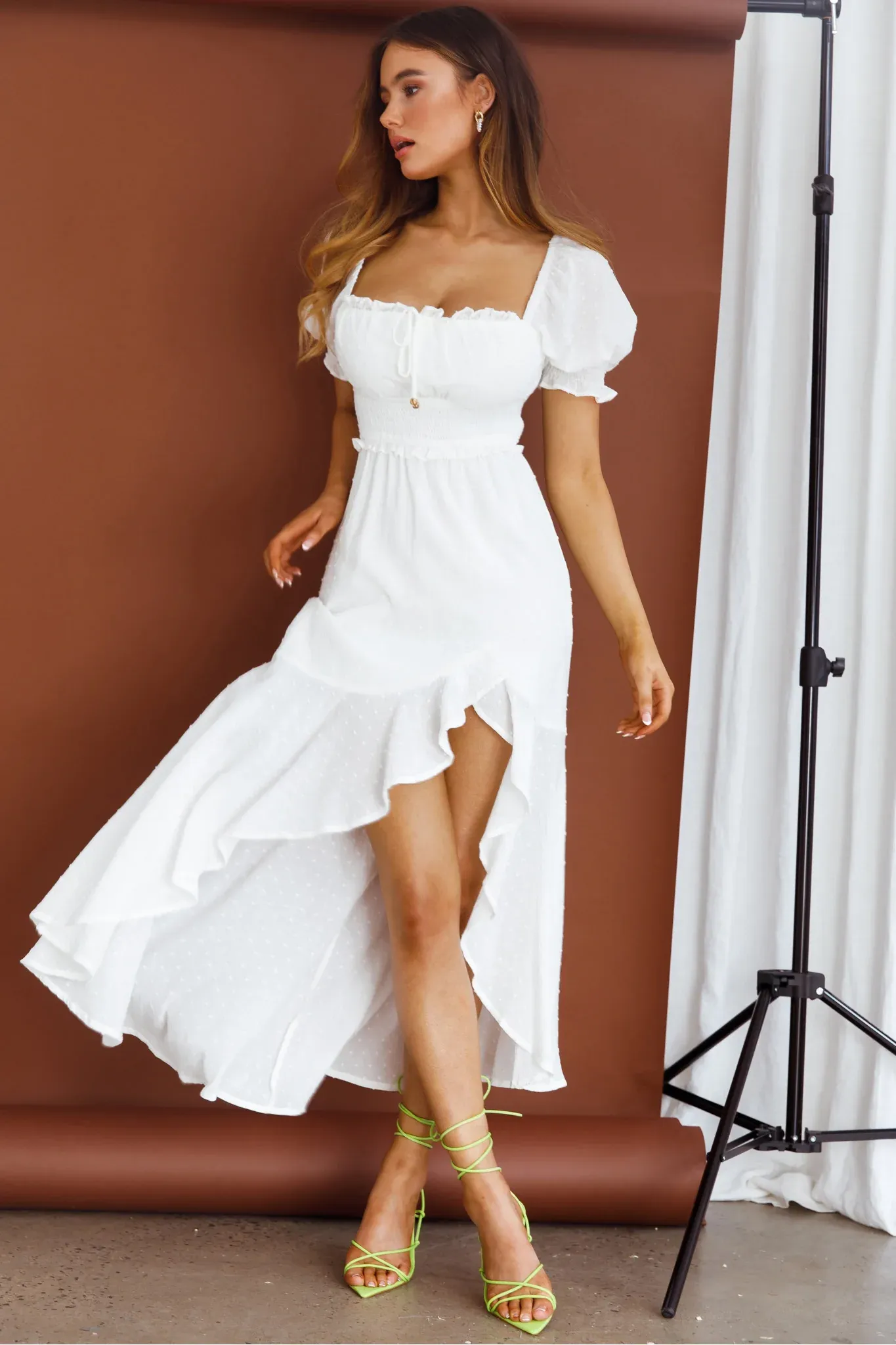 Summer In Paris Puff Sleeve Shirred Midi Dress White
