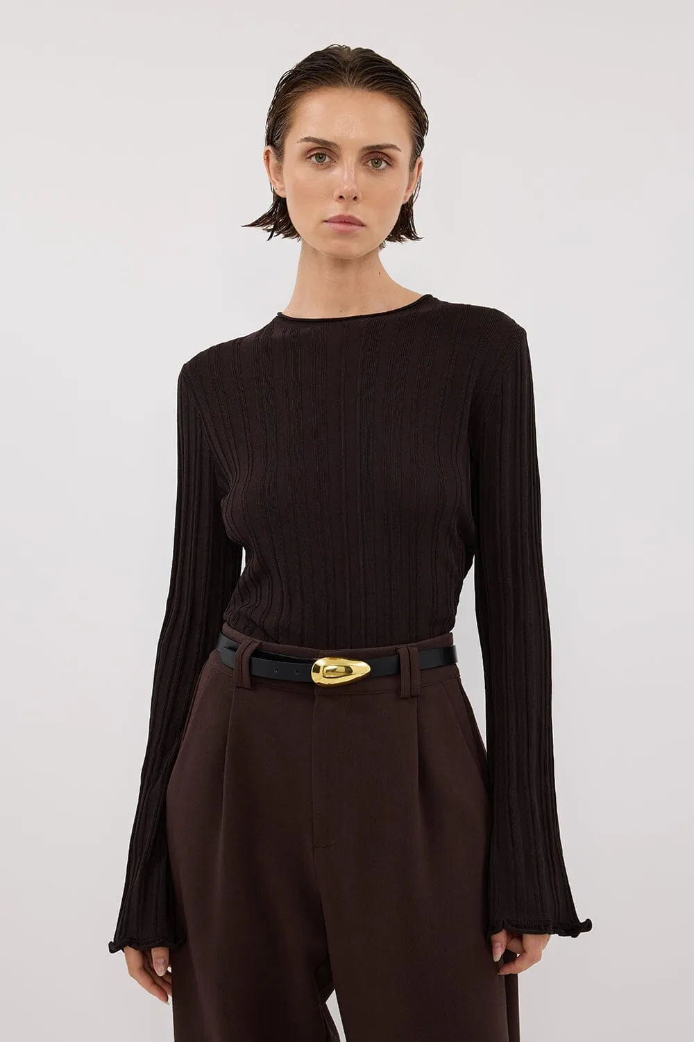 SYLVIA BITTER CHOC CREW KNIT TOP