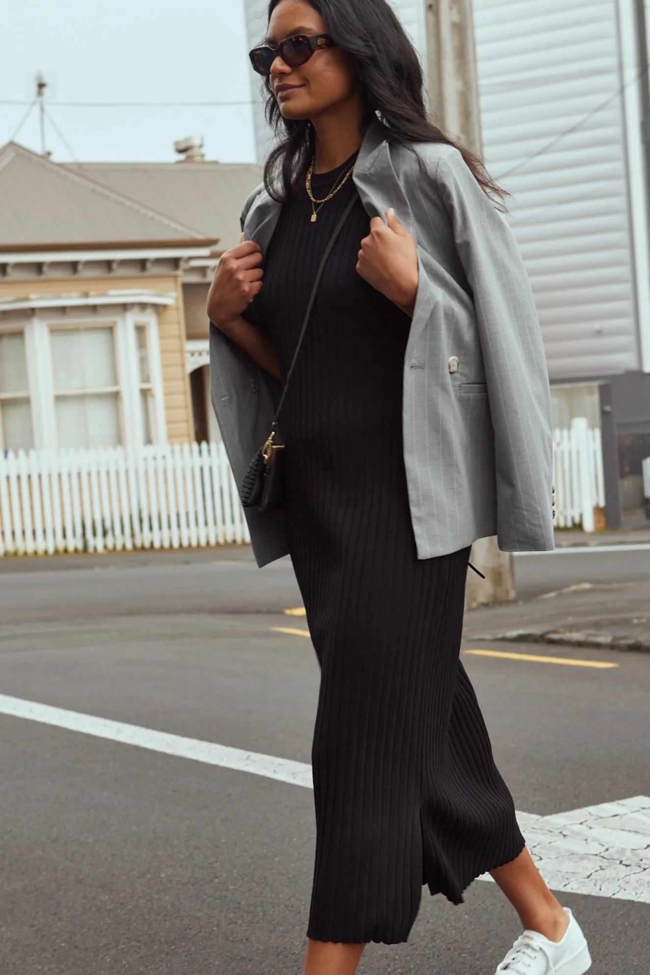 Theory Black Rib Knit Tank Midi Dress