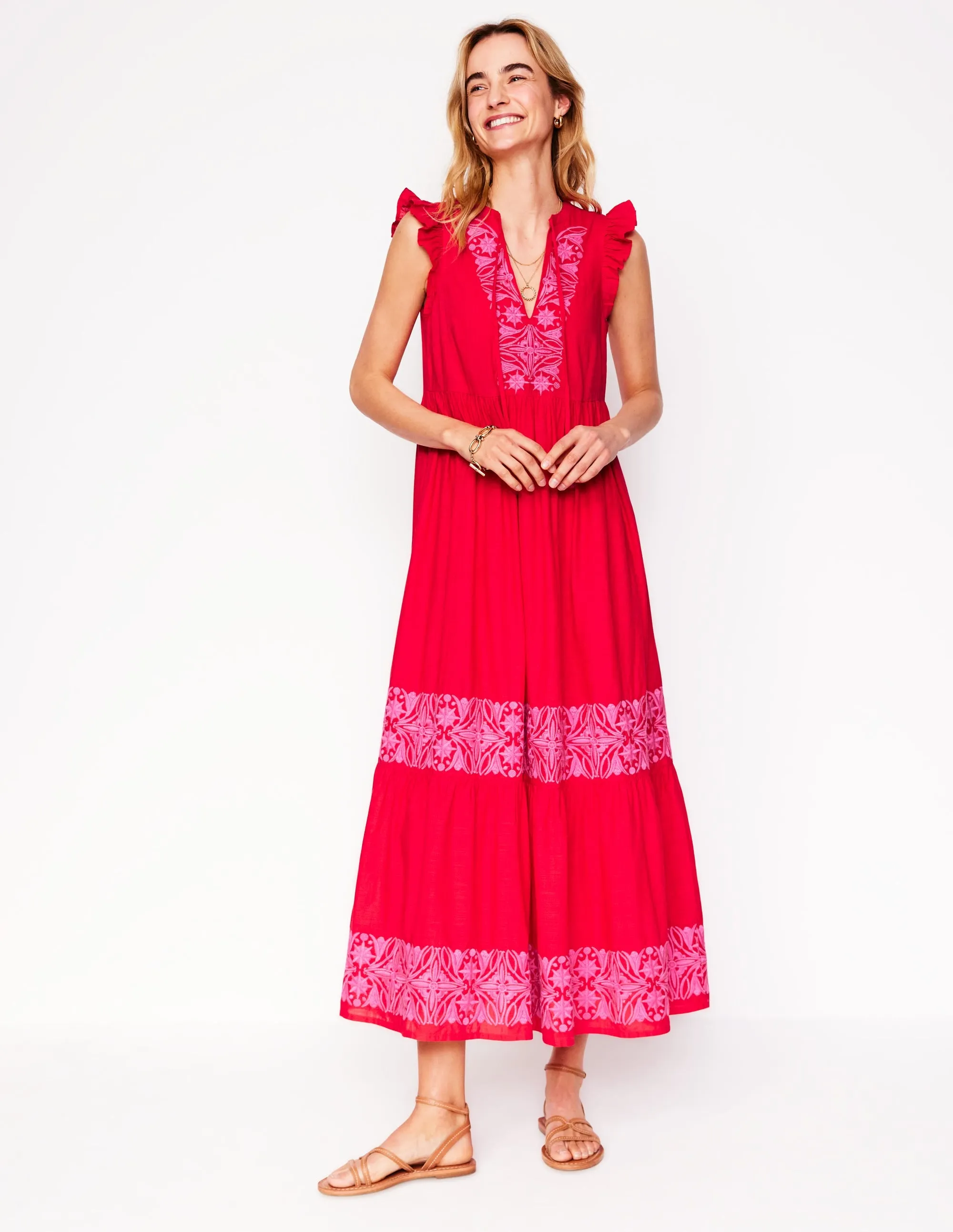 Tie Neck Tier Dress-Poppy Red