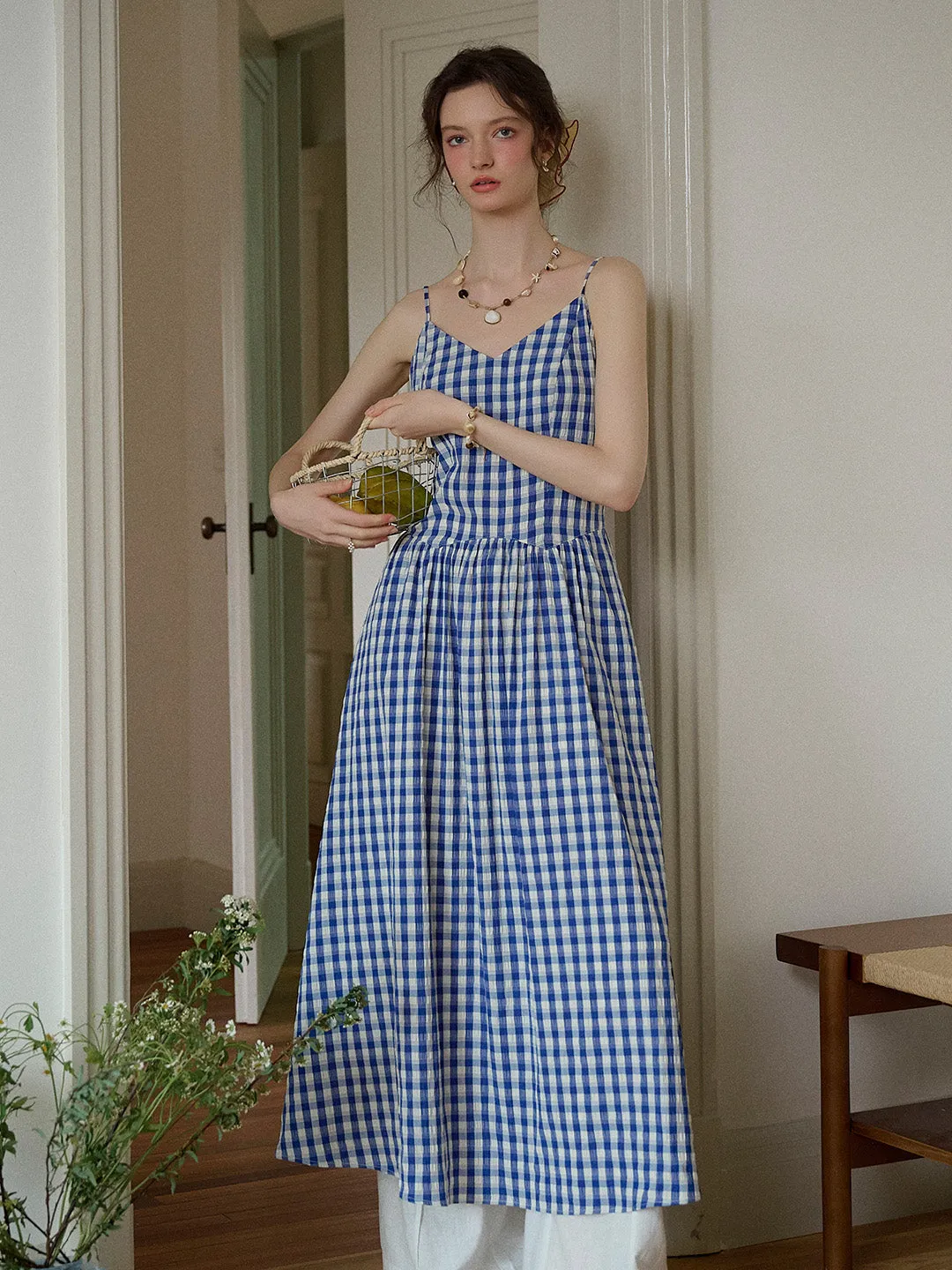 Tinsley Suspender Plaid Dress- Blue