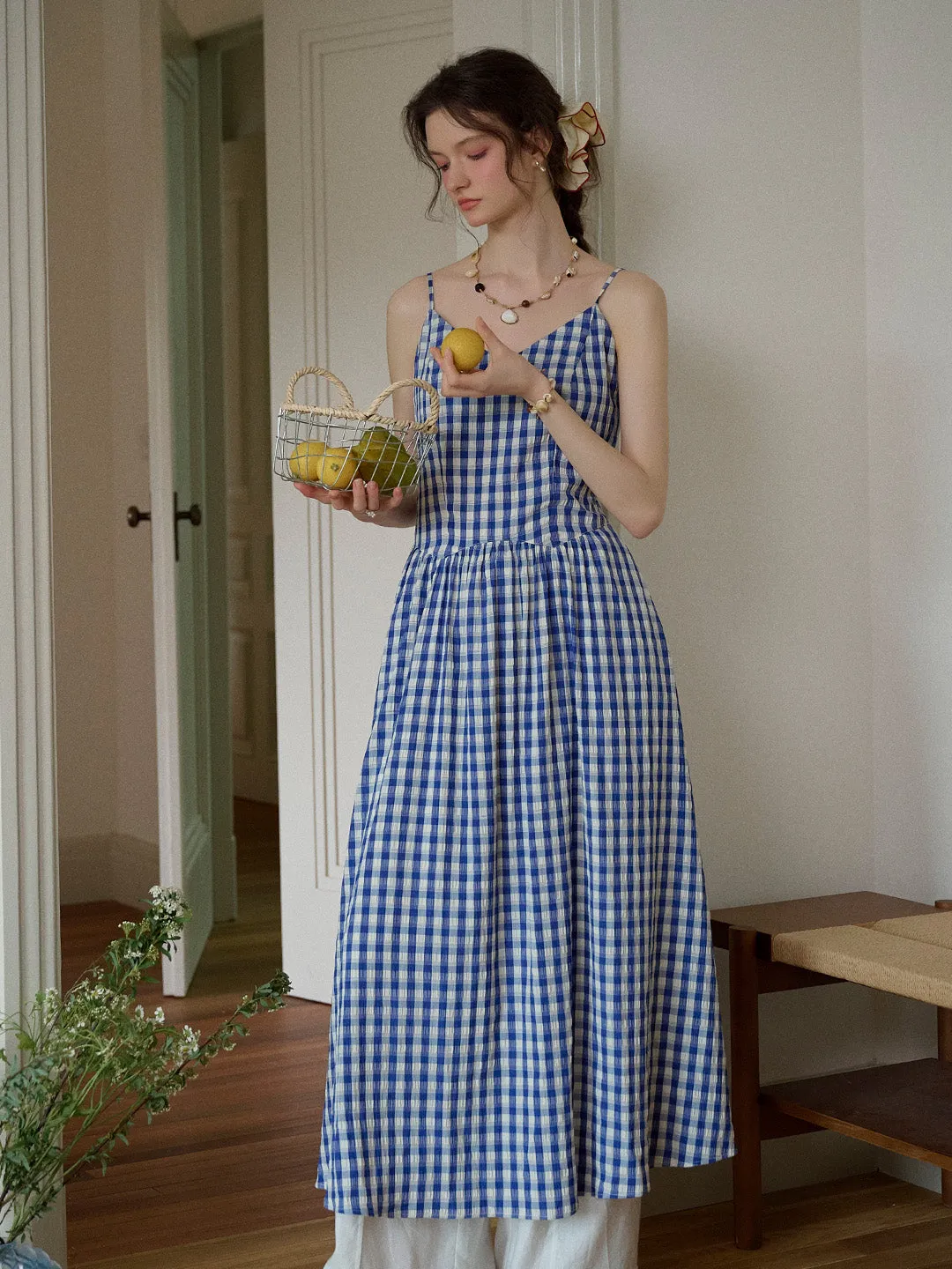 Tinsley Suspender Plaid Dress- Blue