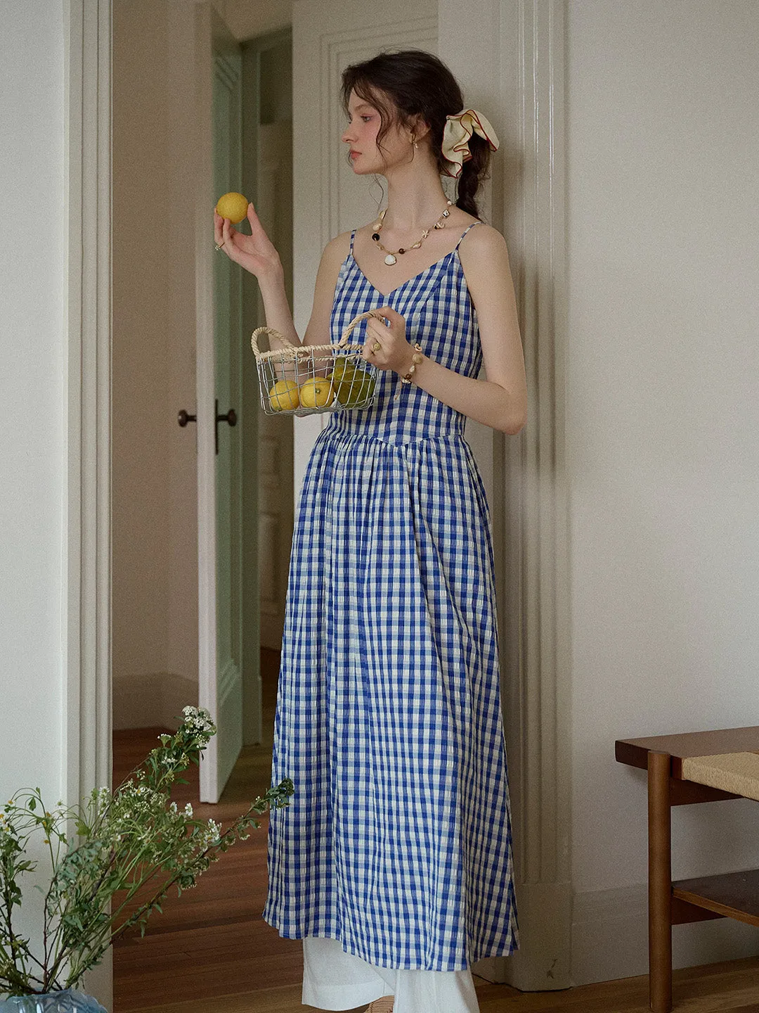 Tinsley Suspender Plaid Dress- Blue