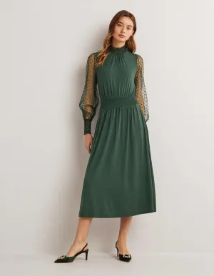 Tulle Sleeve Midi Party Dress-Onyx Green