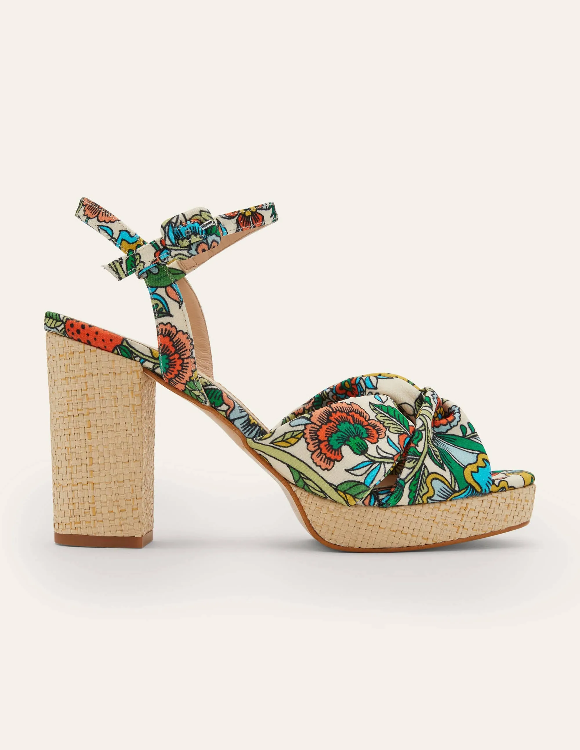 Twist-Front Heeled Platforms-Ivory. Tropic Meadow