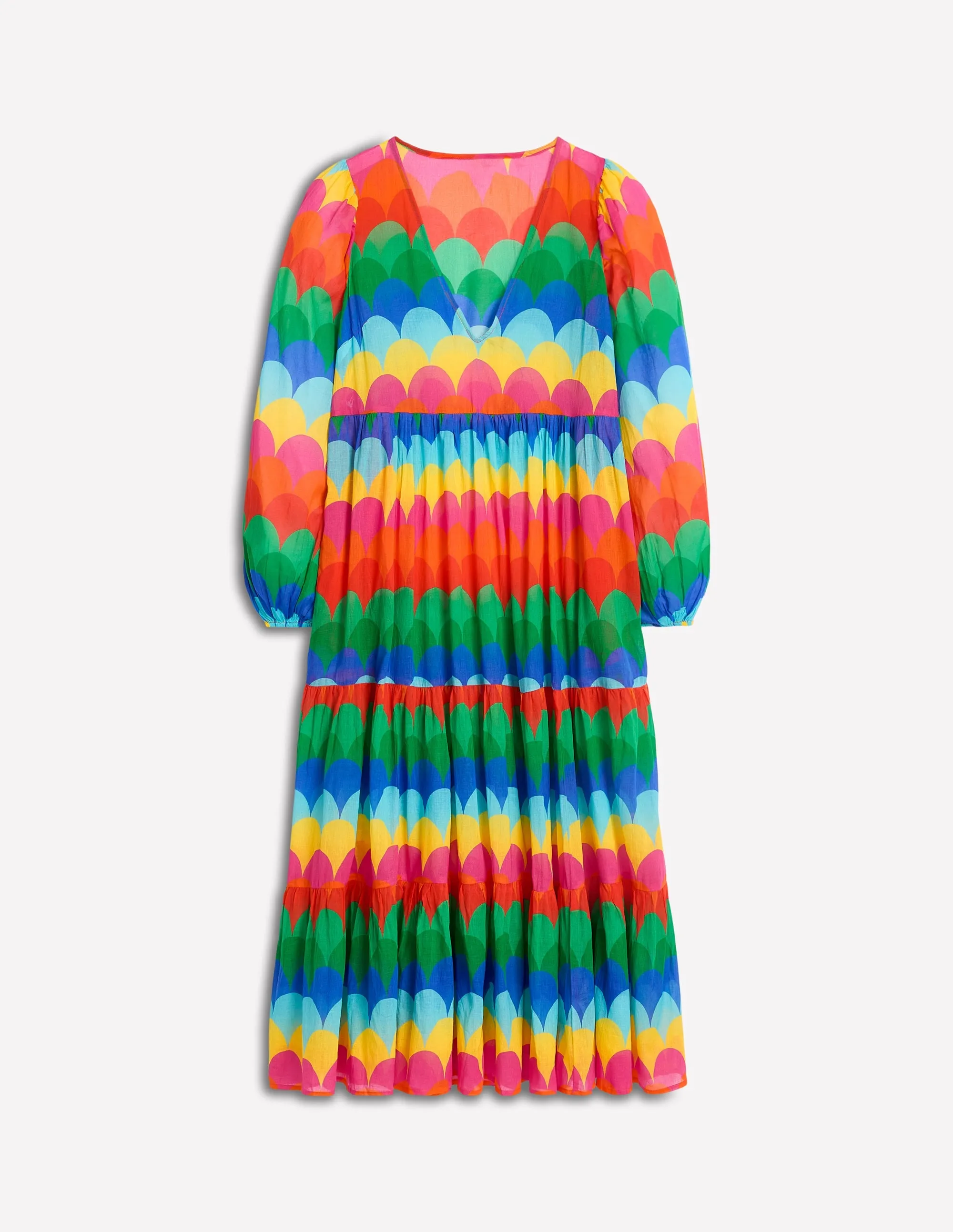 V-Neck Tiered Cotton Kaftan-Multi. Scallop Stripe