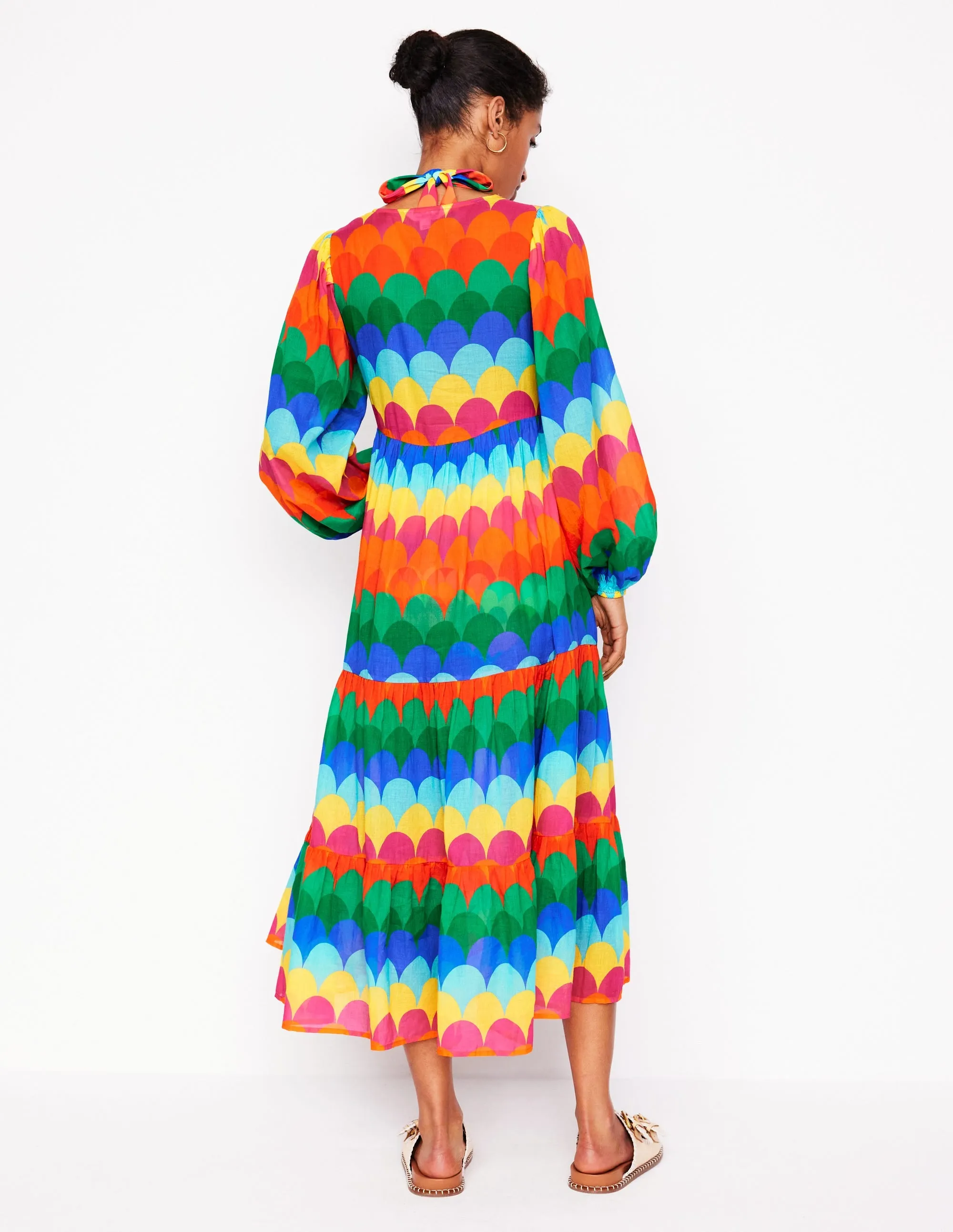 V-Neck Tiered Cotton Kaftan-Multi. Scallop Stripe