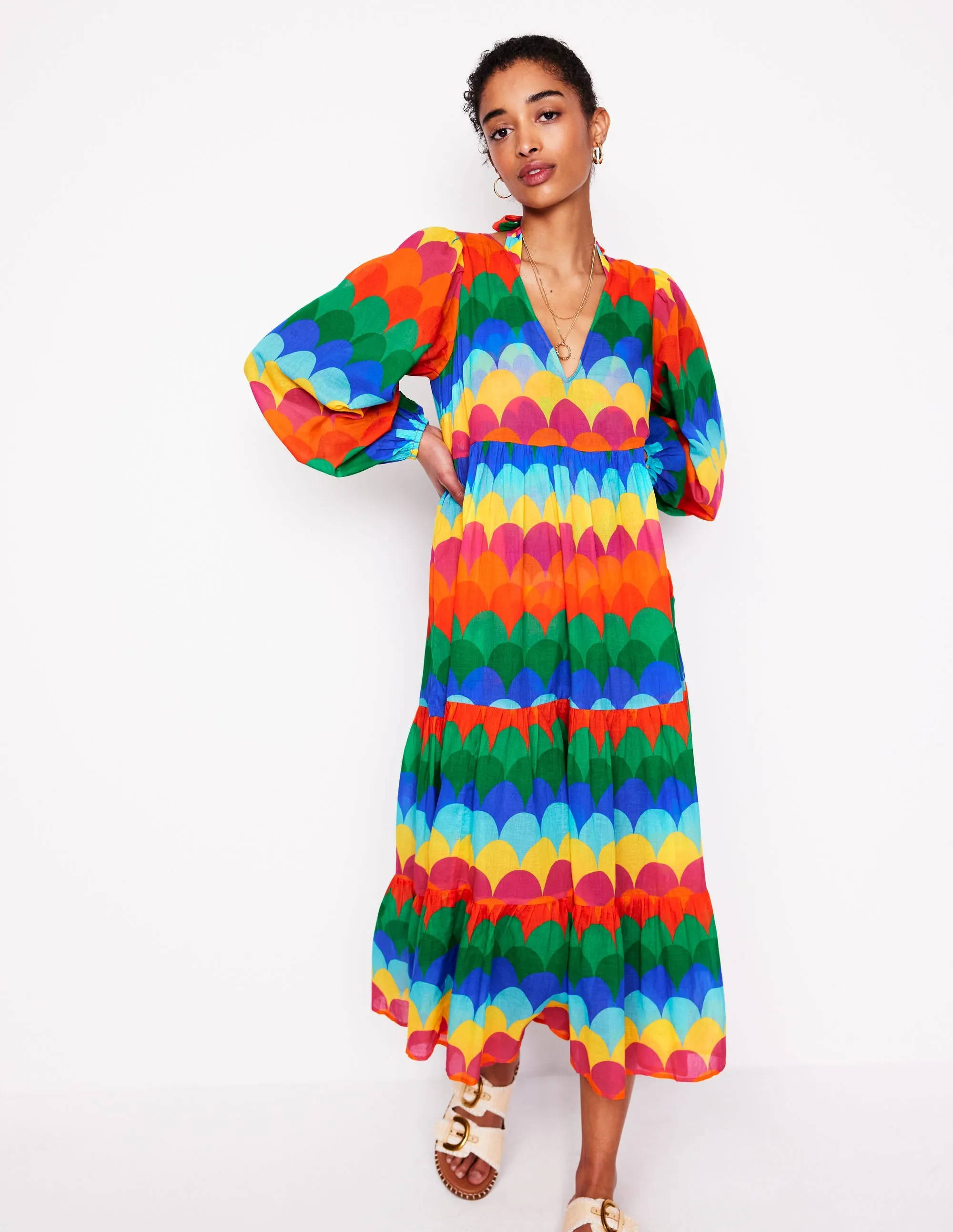 V-Neck Tiered Cotton Kaftan-Multi. Scallop Stripe