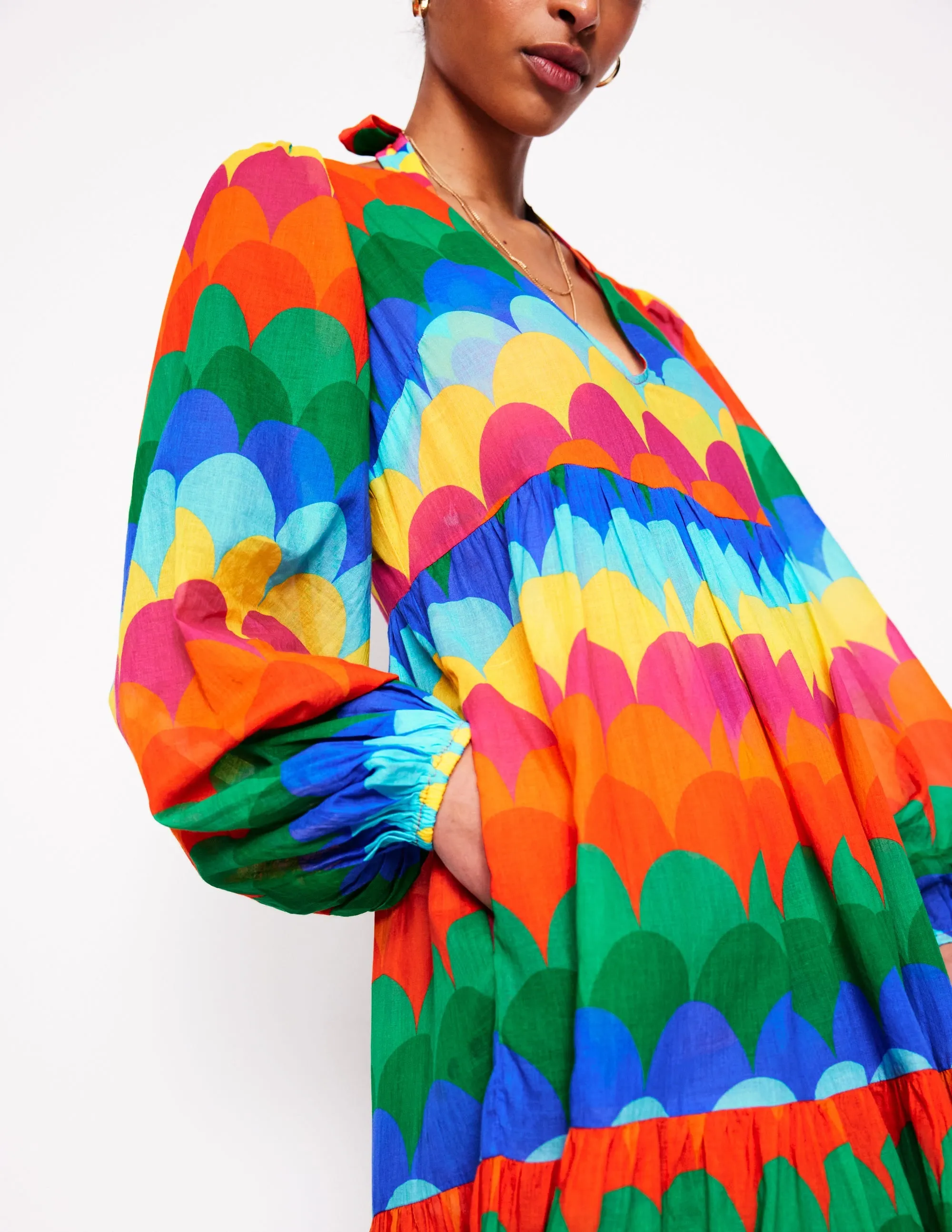 V-Neck Tiered Cotton Kaftan-Multi. Scallop Stripe
