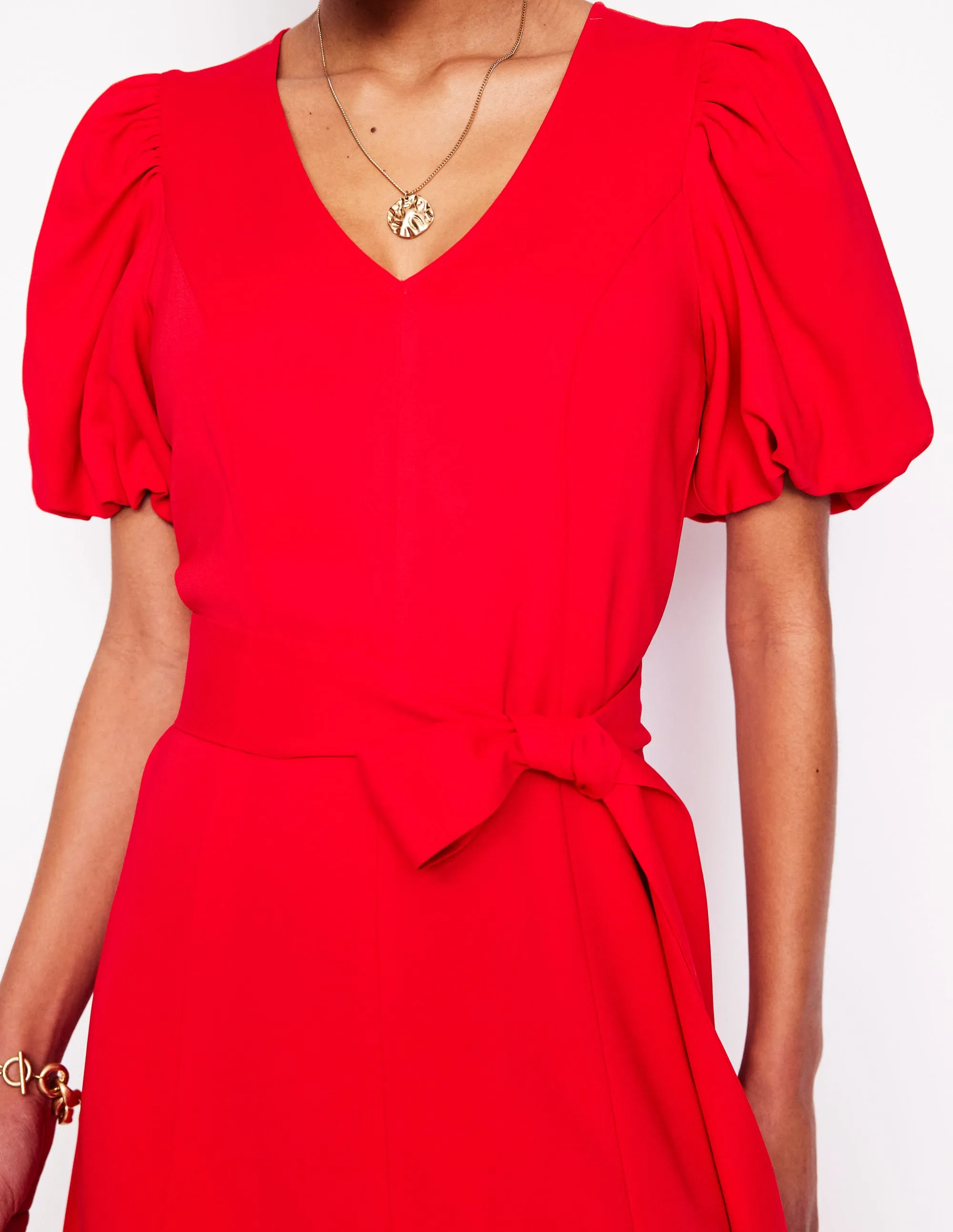 Volume Sleeve Midi Dress-Poppy Red
