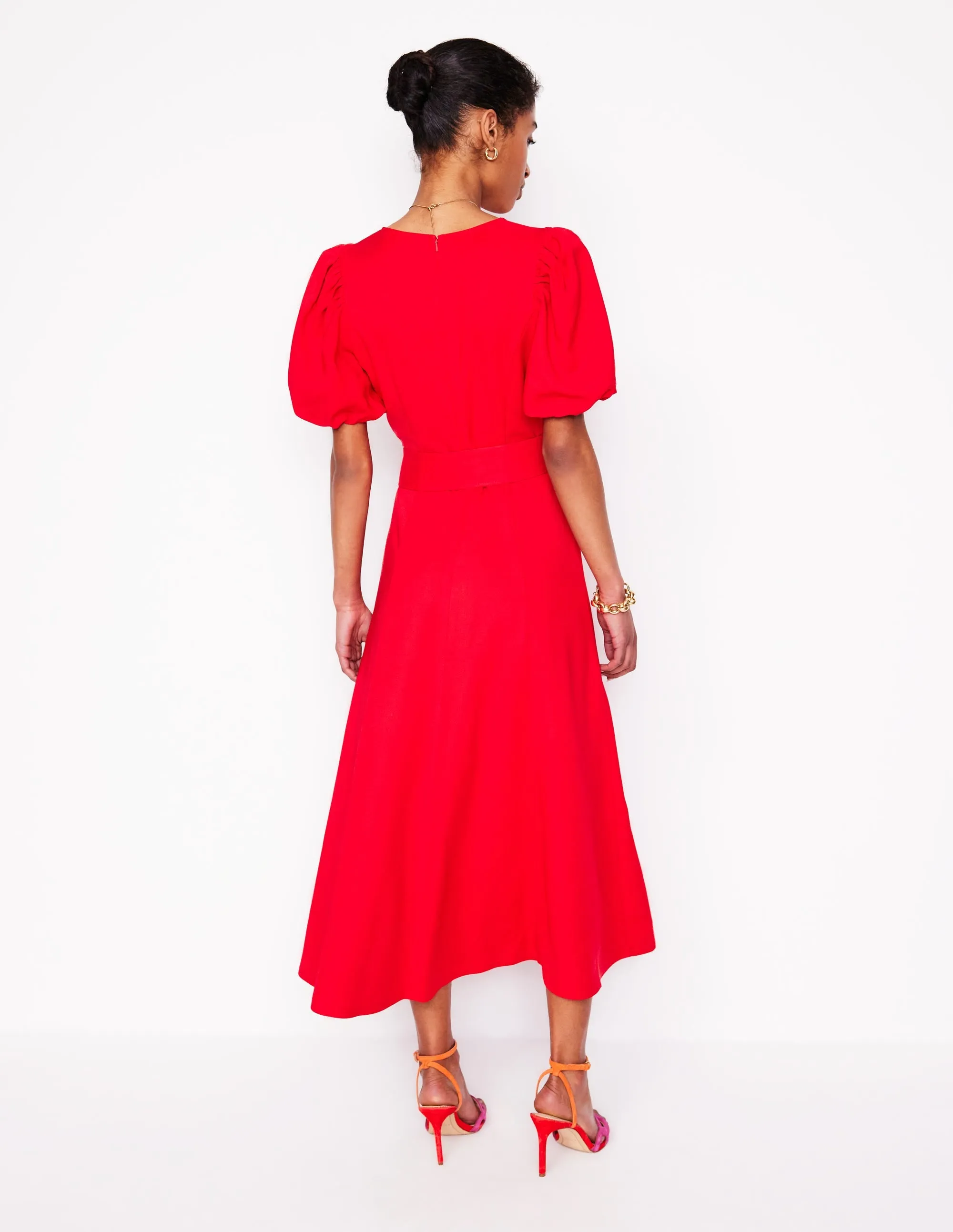 Volume Sleeve Midi Dress-Poppy Red