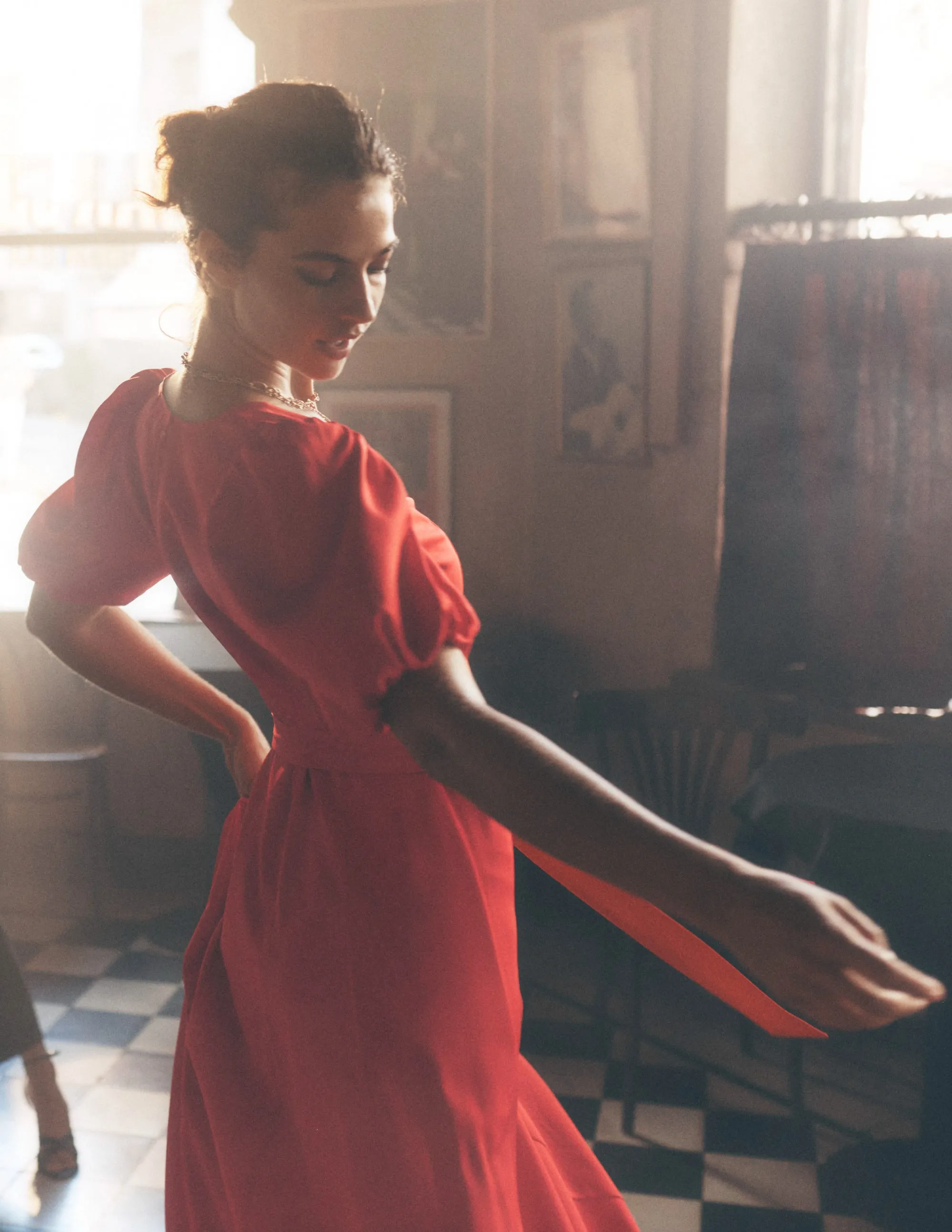 Volume Sleeve Midi Dress-Poppy Red
