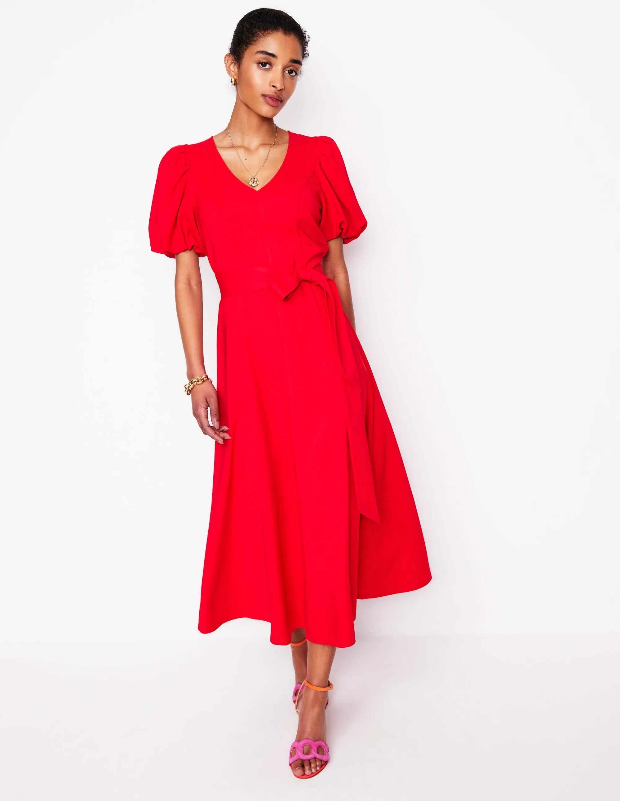Volume Sleeve Midi Dress-Poppy Red
