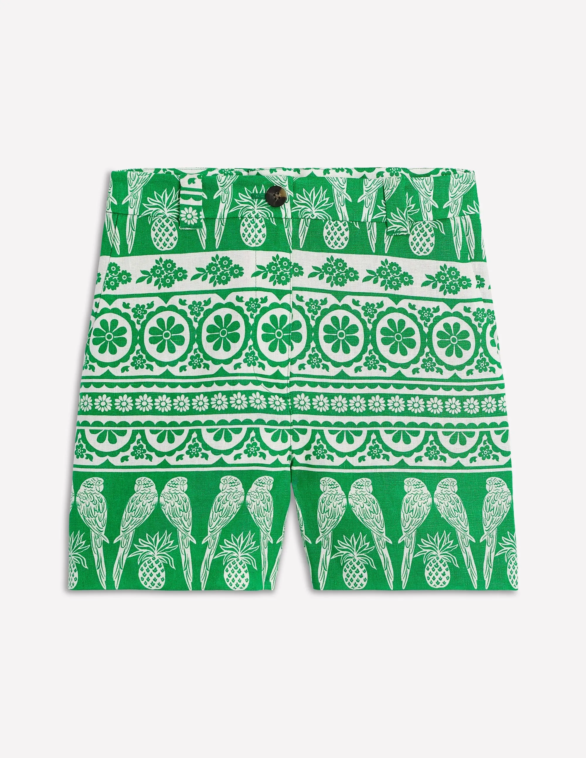 Westbourne Linen Shorts-Rich Emerald. Ornate Tropics