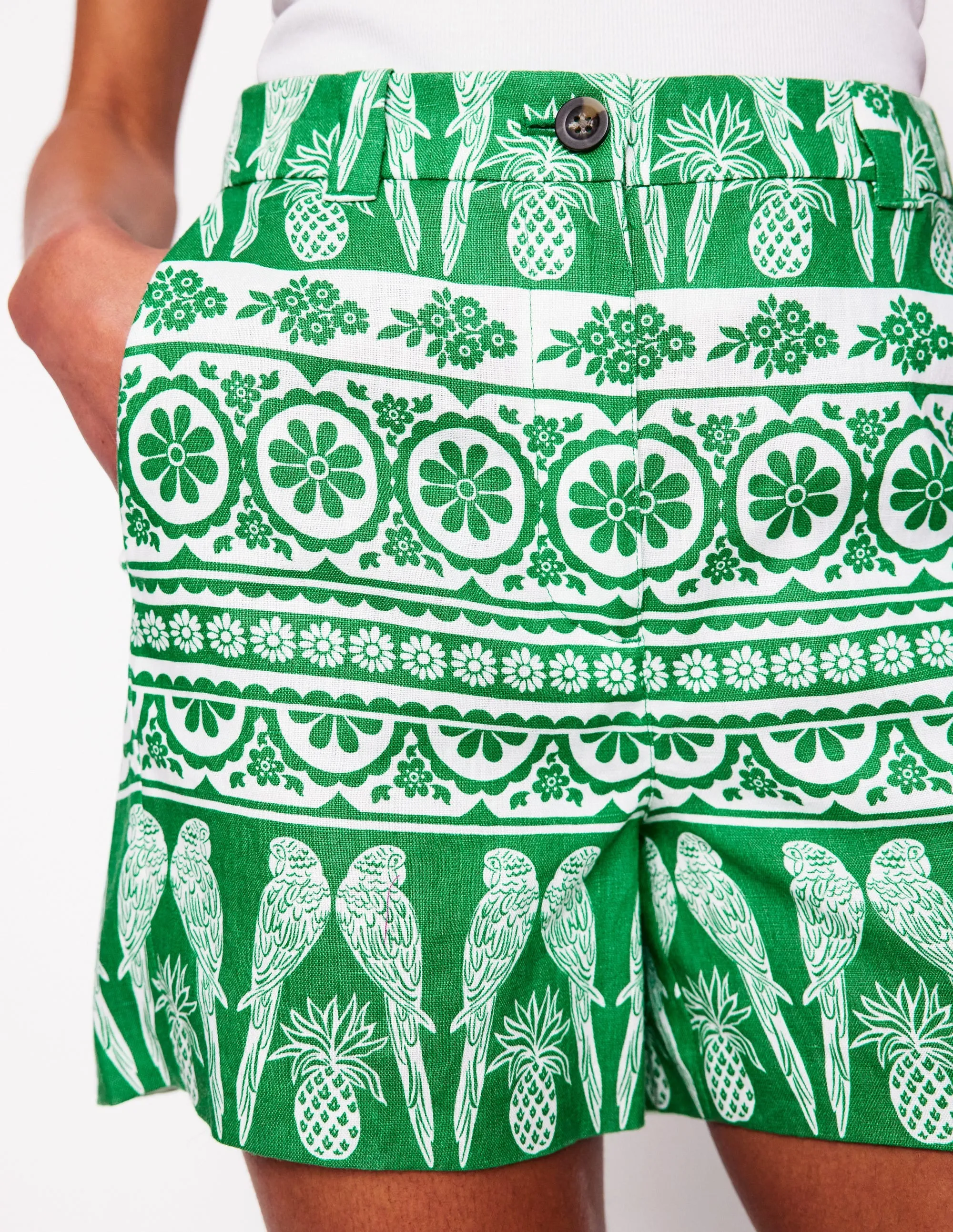 Westbourne Linen Shorts-Rich Emerald. Ornate Tropics