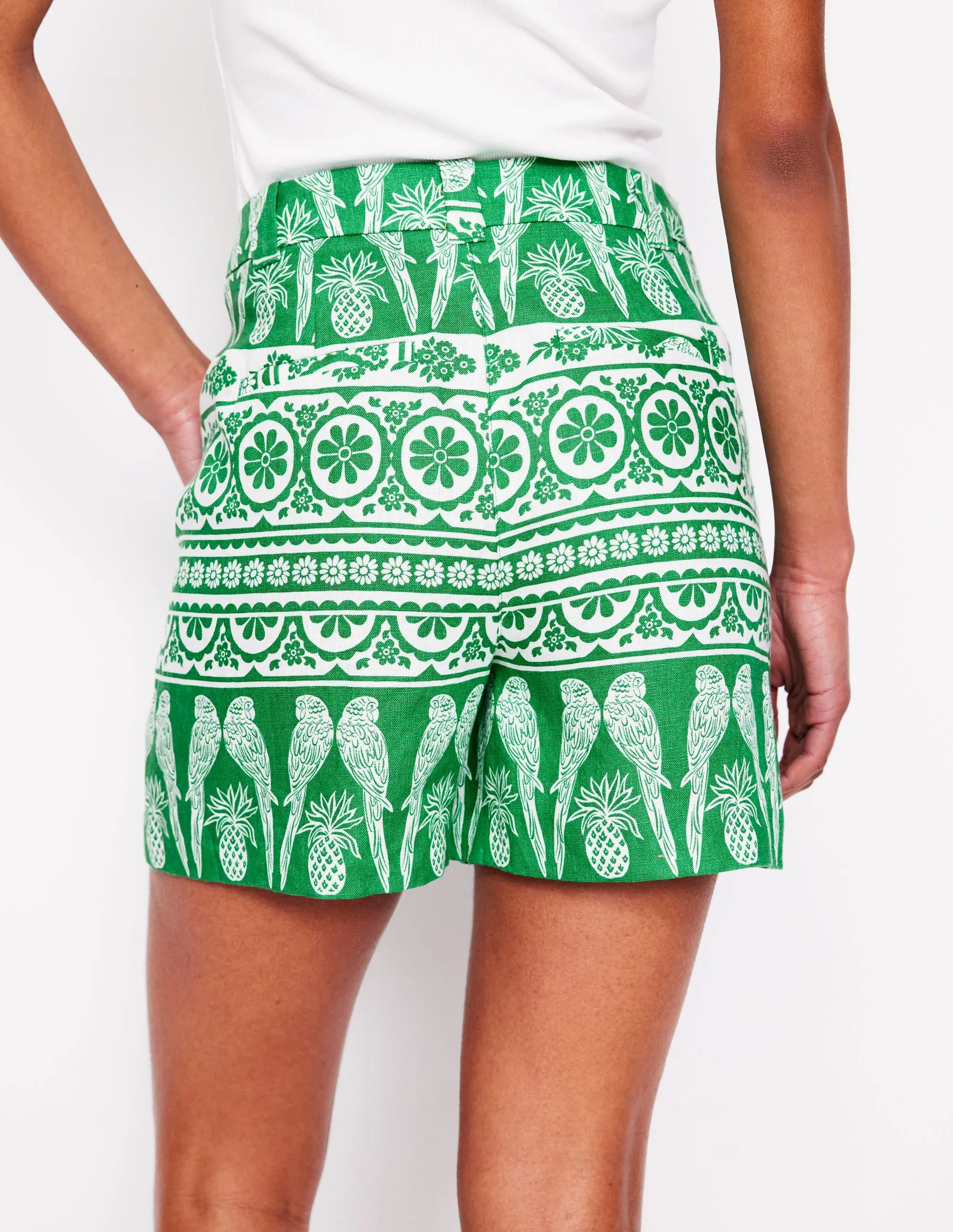 Westbourne Linen Shorts-Rich Emerald. Ornate Tropics