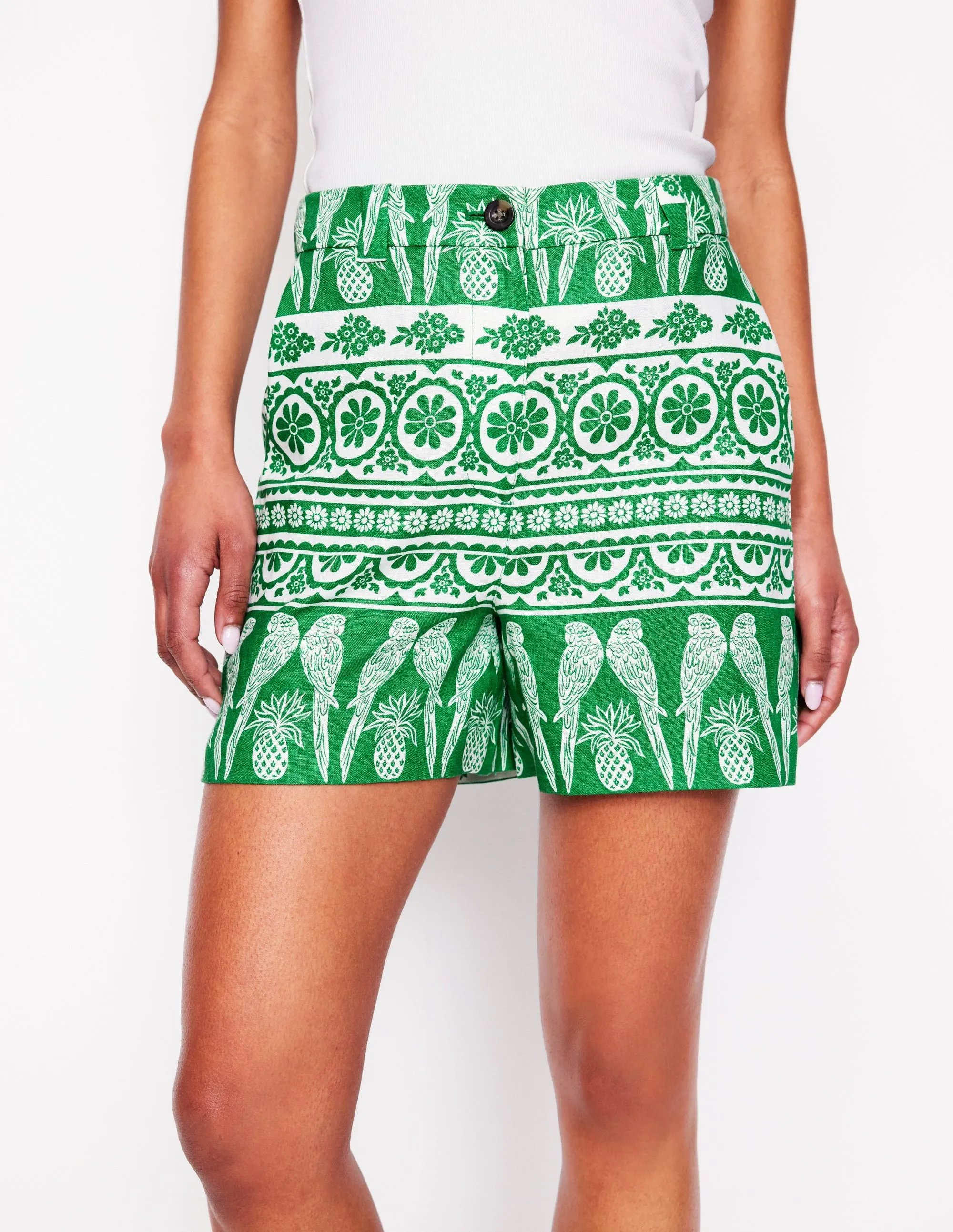 Westbourne Linen Shorts-Rich Emerald. Ornate Tropics