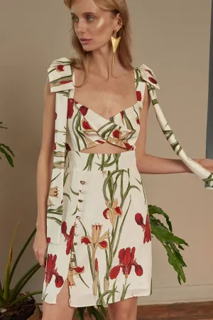 White Flora Mini Dress With Ribbons Detail