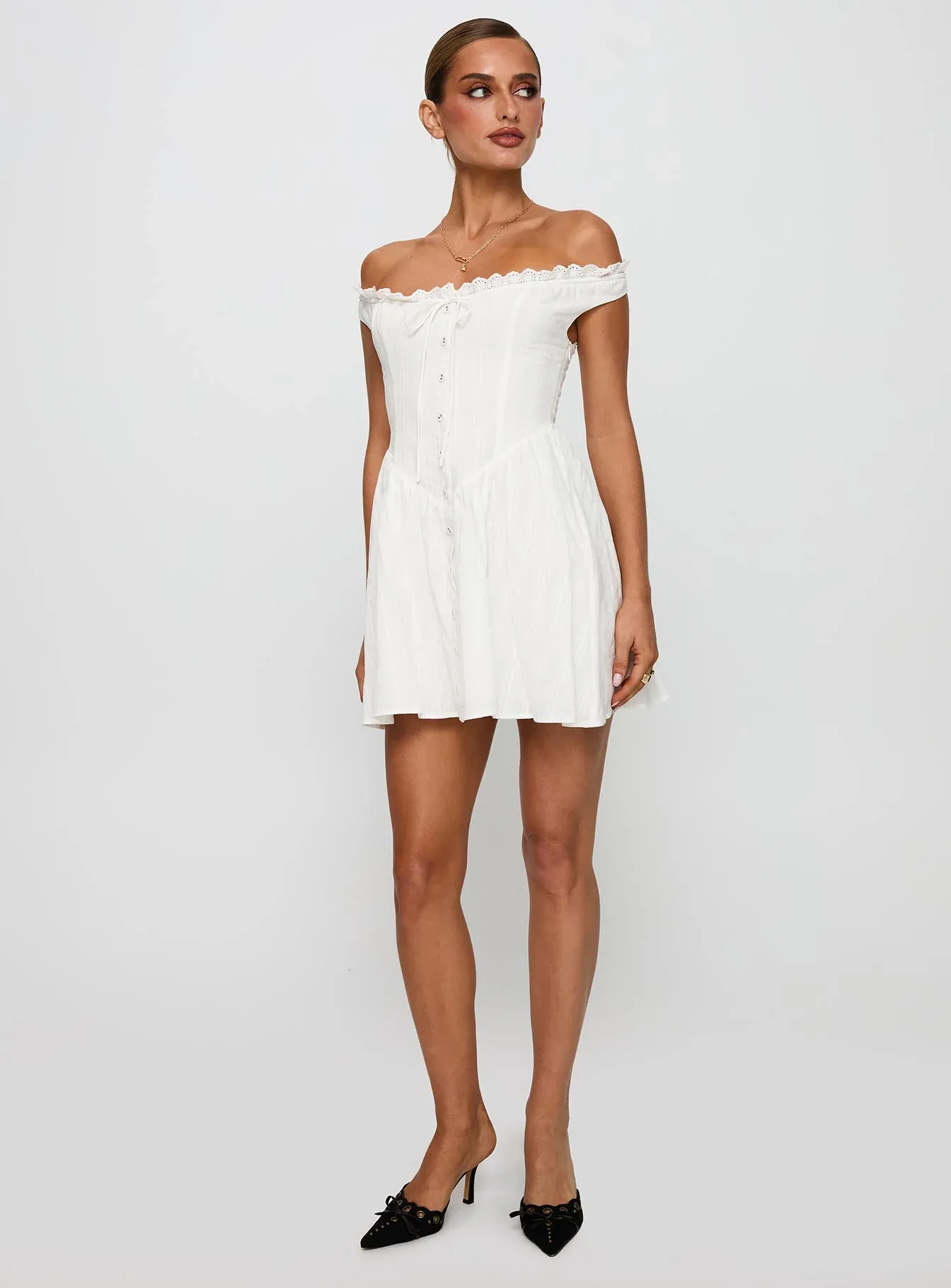 White Horse Off The Shoulder Mini Dress White