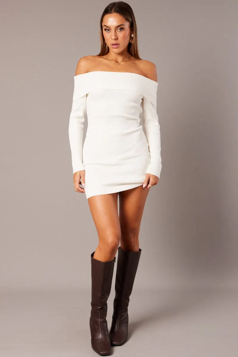 White Knit Dress Long Sleeve Mini